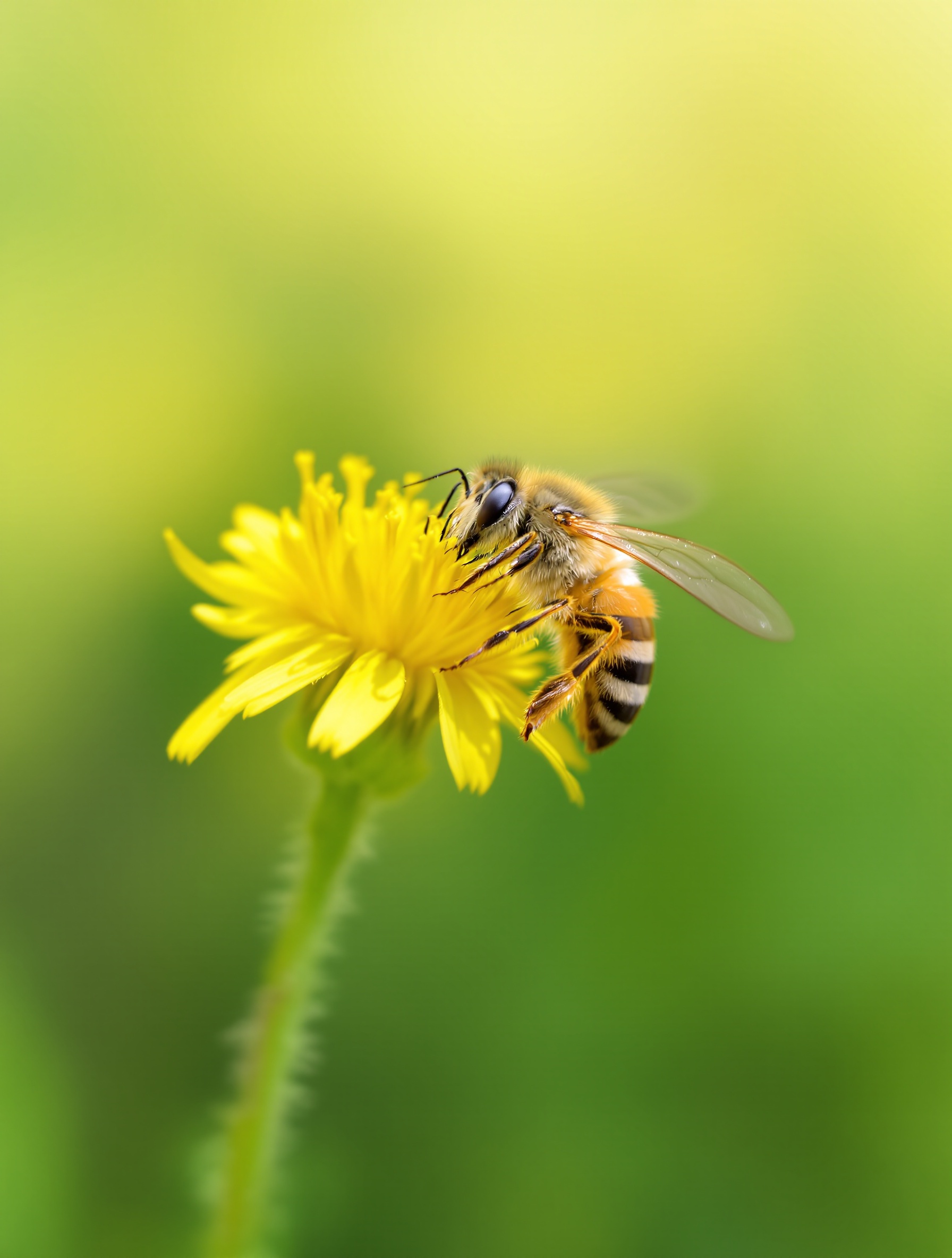 Abeille butinant une fleur de pissenlit en gros plan, ambiance lumineuse, buffet à insectes.