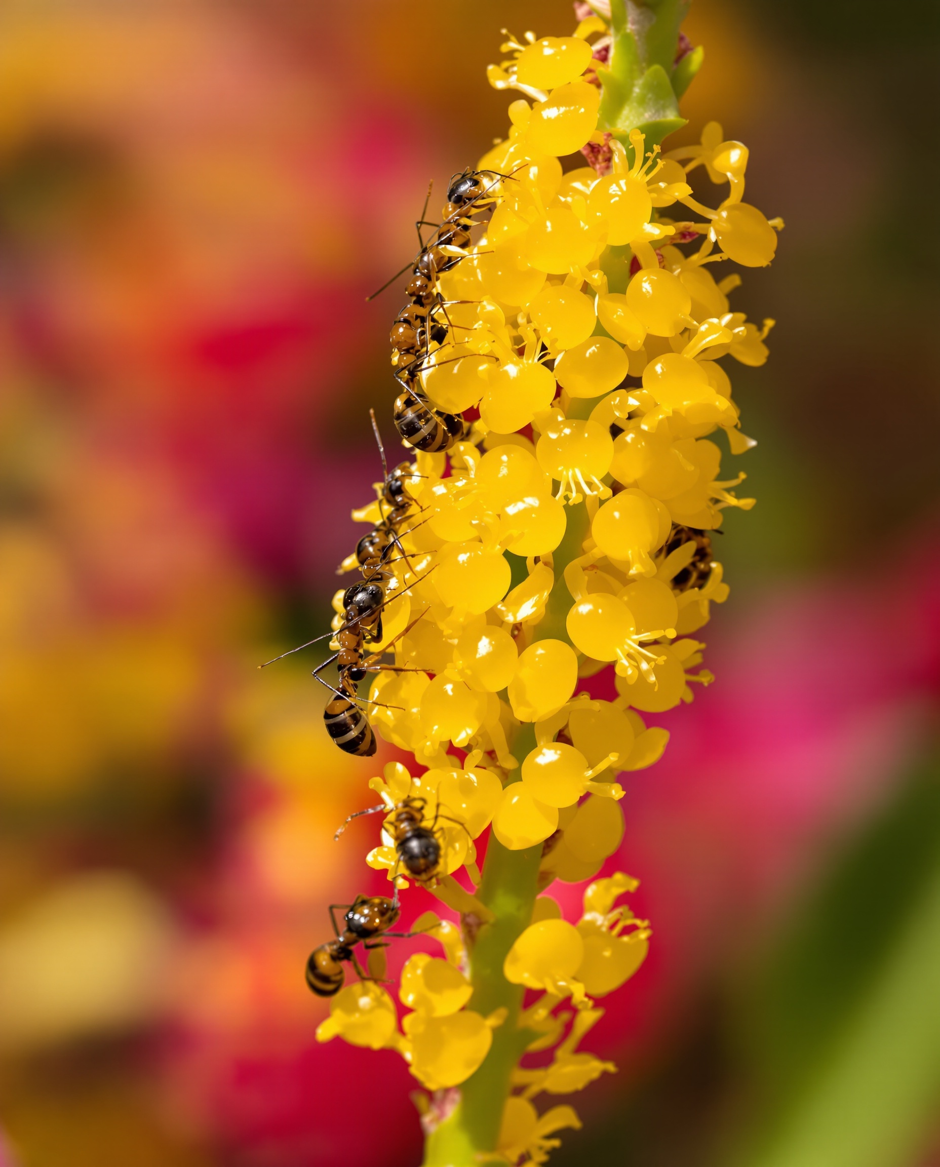 Fourmis récoltant le miellat sur des pucerons jaunes sur une tige de laurier rose