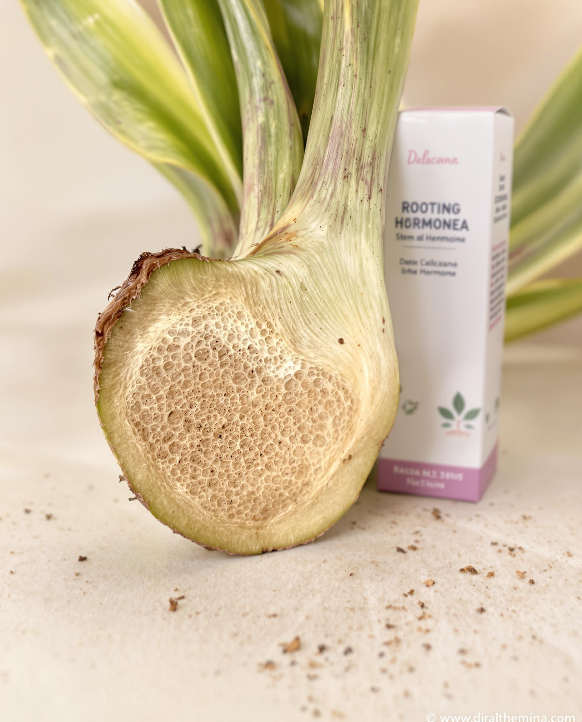 Bouture de tête de Dracaena marginata avec hormone de bouturage à côté