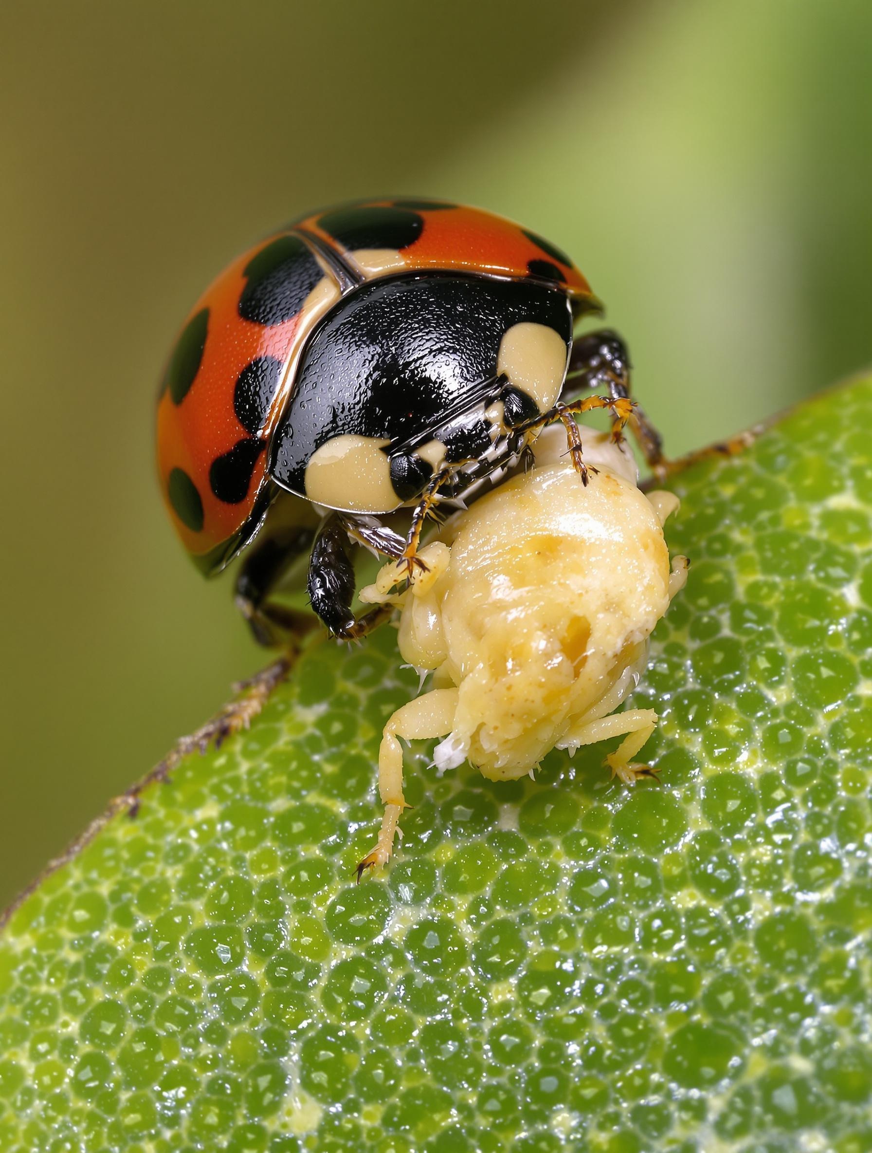 Chilicorus nigritus, une coccinelle dévorant une cochenille sur une feuille d’olivier