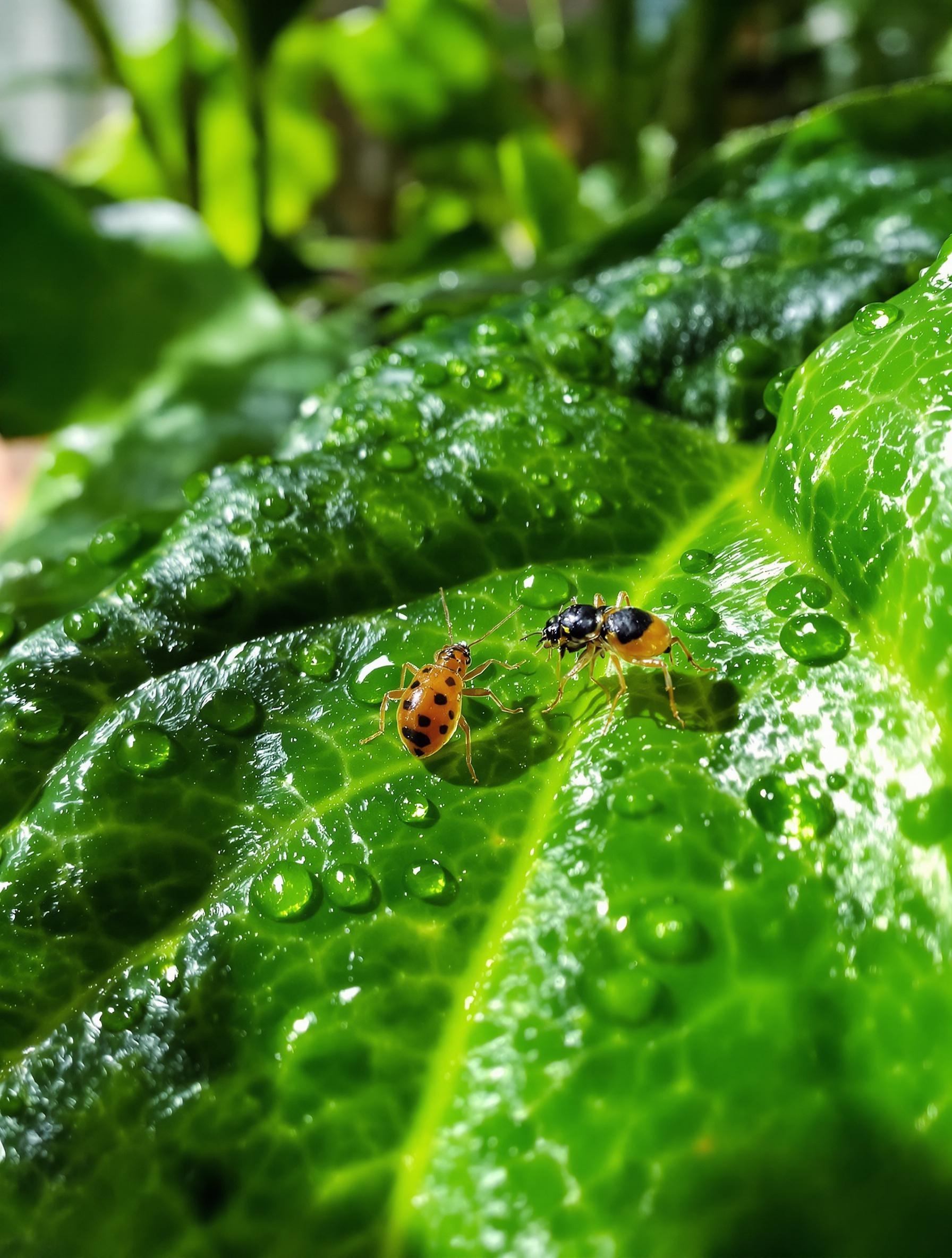 Macro d’une cochenille et d’un puceron sur un Spathiphyllum dans une jungle intérieure