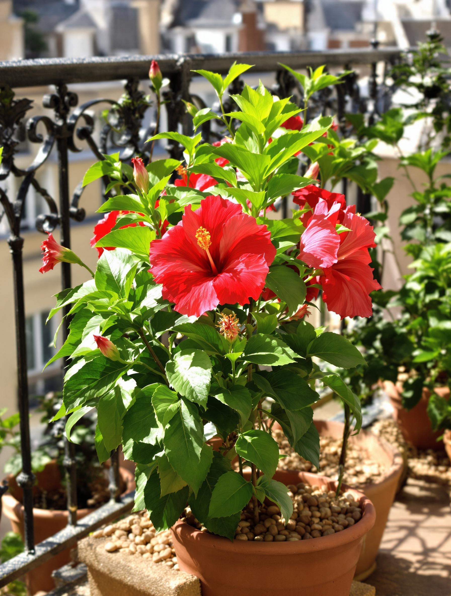 Hibiscus tropical en plein boom floral sur une terrasse citadine ; pot drainé avec billes d’argile visibles