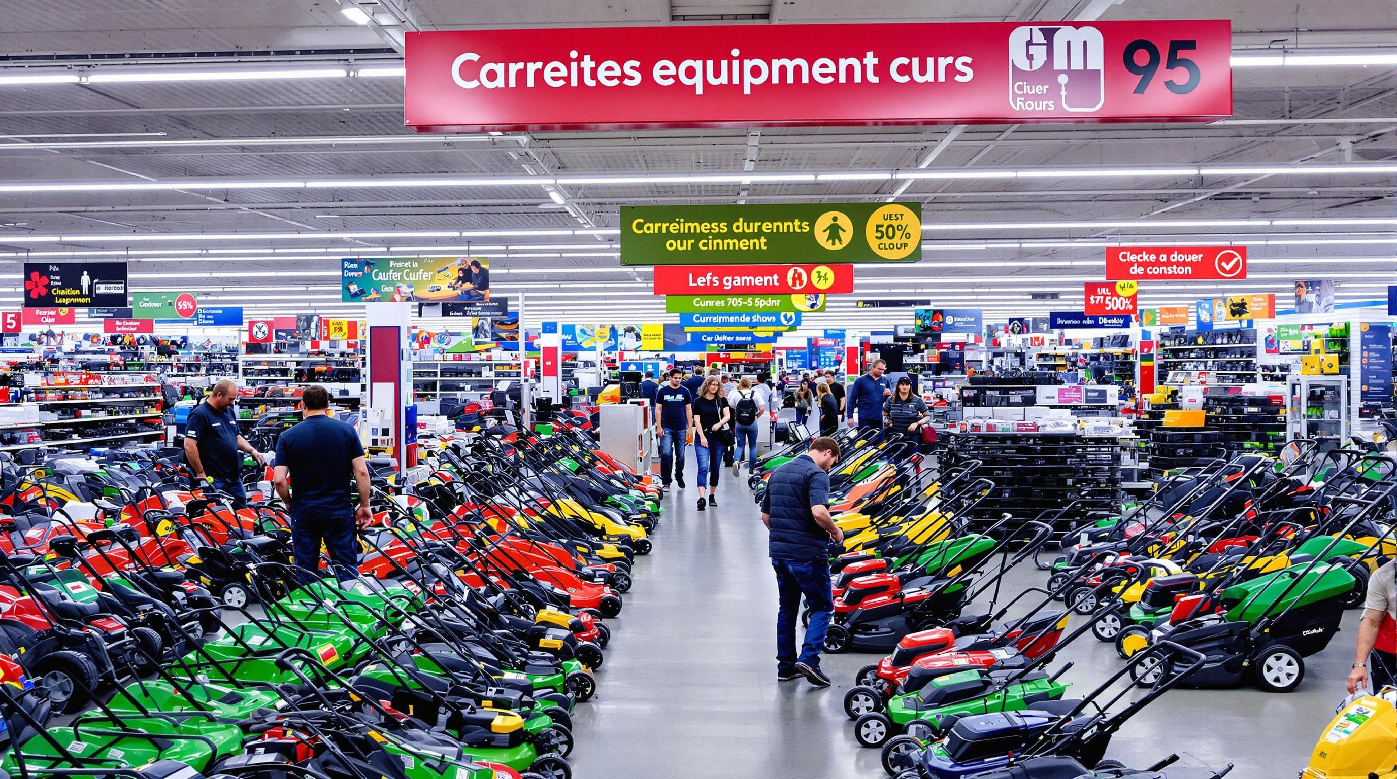 Rayons de tondeuses thermiques et électriques dans un magasin de motoculture à Saint-Louis