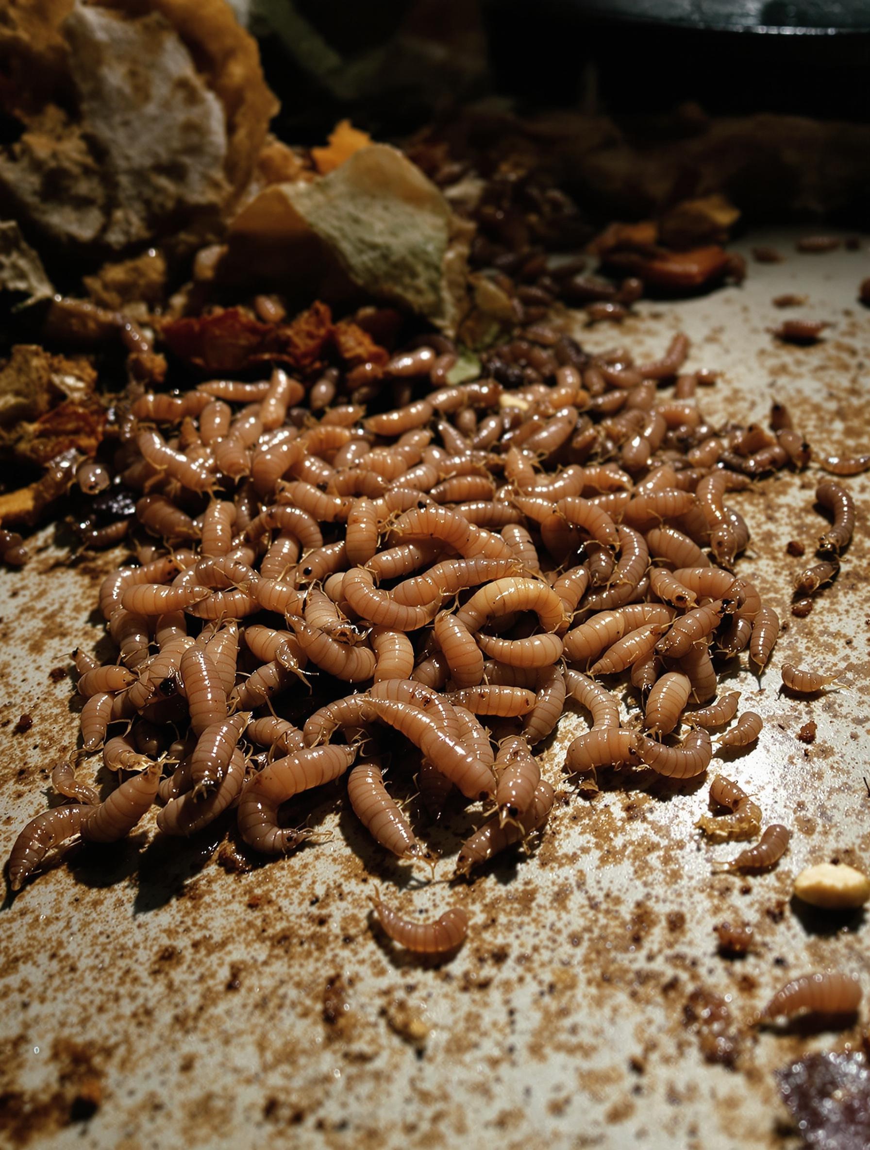 Gros plan sur des asticots rampant sur des déchets organiques dans une cuisine négligée