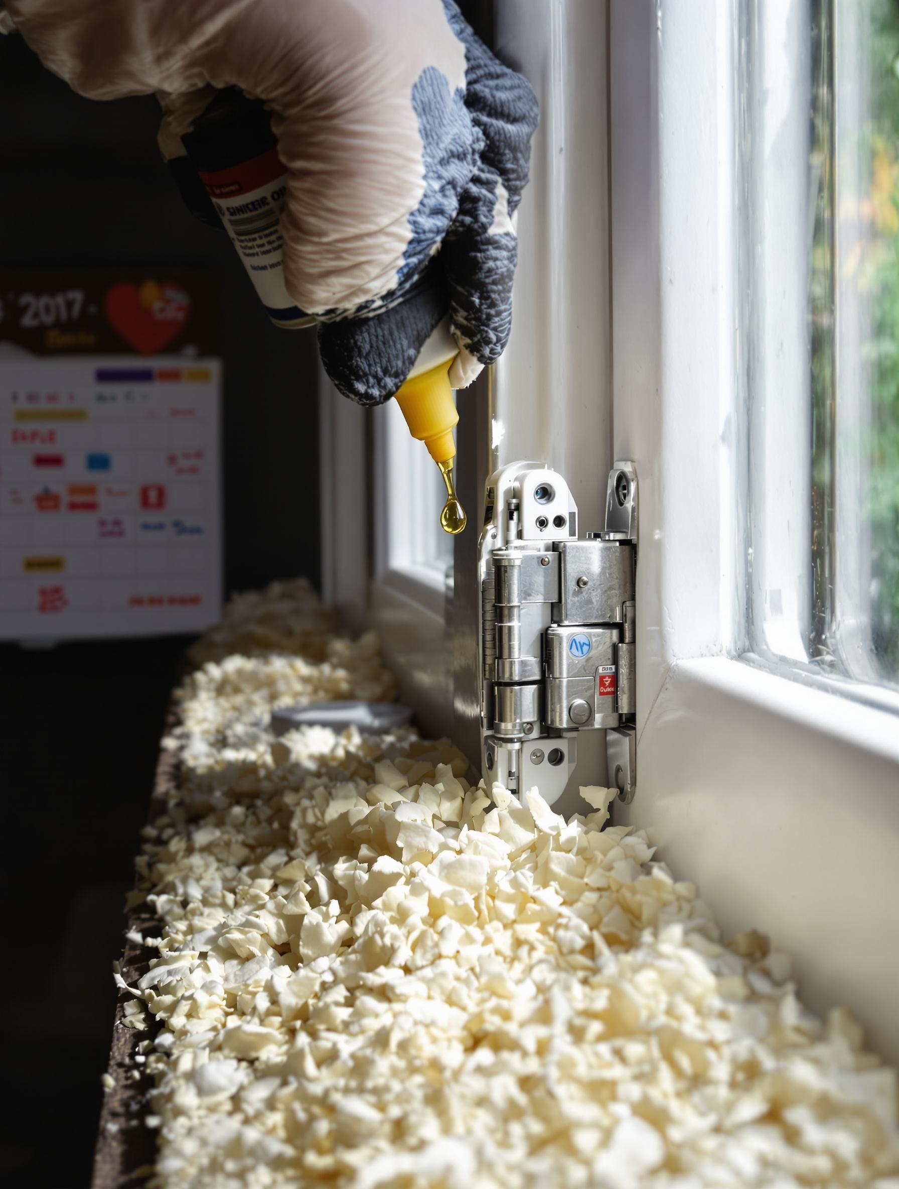 Lubrification d’un gond de fenêtre PVC avec huile silicone et gant