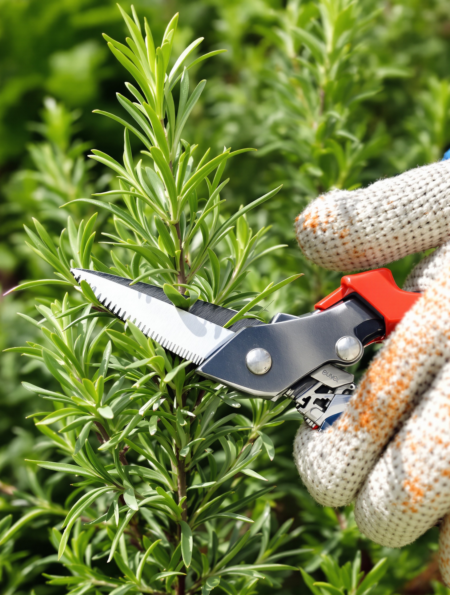 Gros plan sur une main gantée tenant un sécateur propre et affûté, en train de faire une coupe nette sur une jeune tige verte de romarin. La coupe est faite juste au-dessus d'une paire de feuilles.