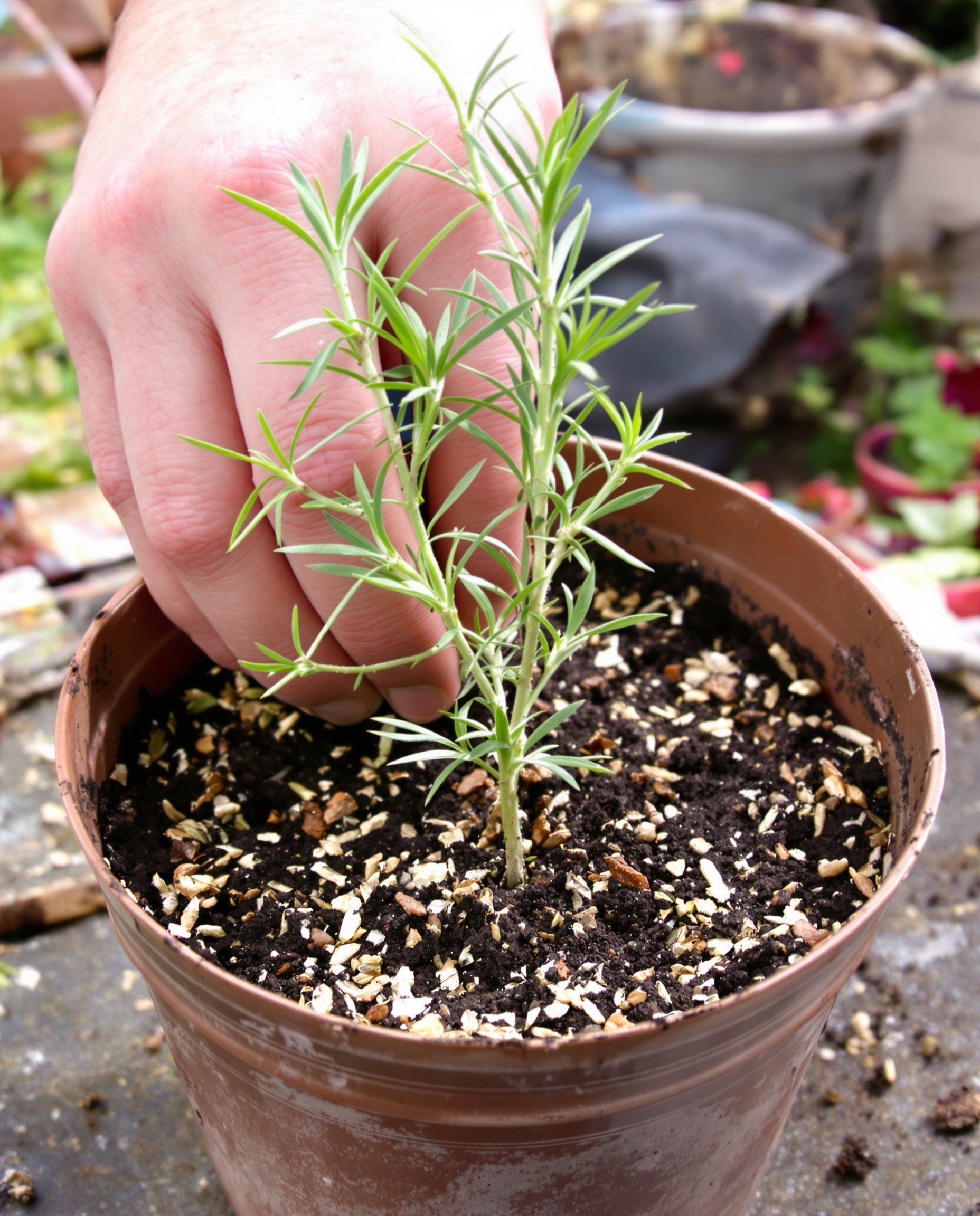 Main plantant une bouture de romarin dans un pot terreau-sable