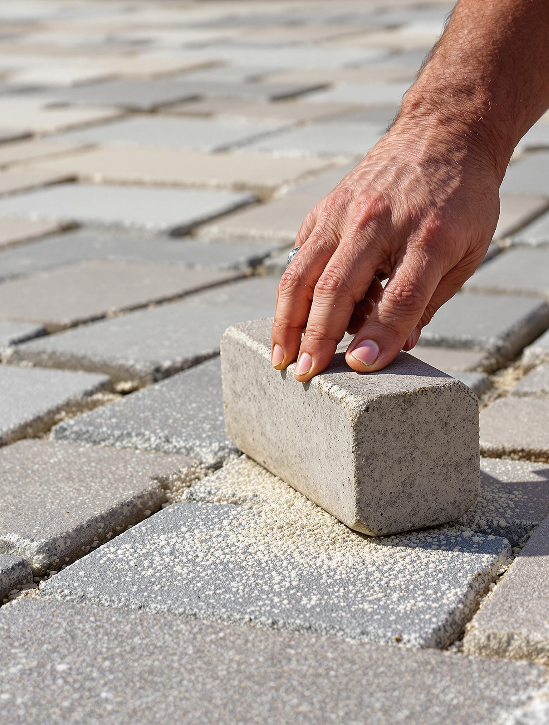 Main tapotant un pavé avec maillet caoutchouc tête usée