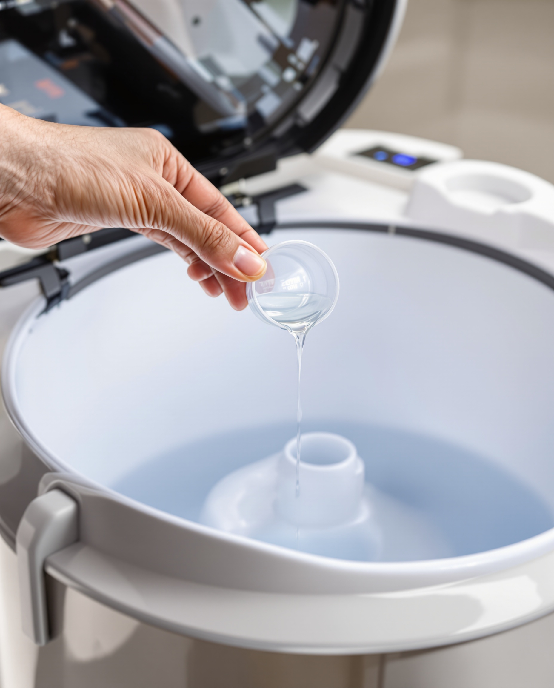 Le geste de la précision : une main mesurant avec soin un petit bouchon de produit nettoyant adapté au-dessus du réservoir d'eau propre d'un aspirateur laveur.