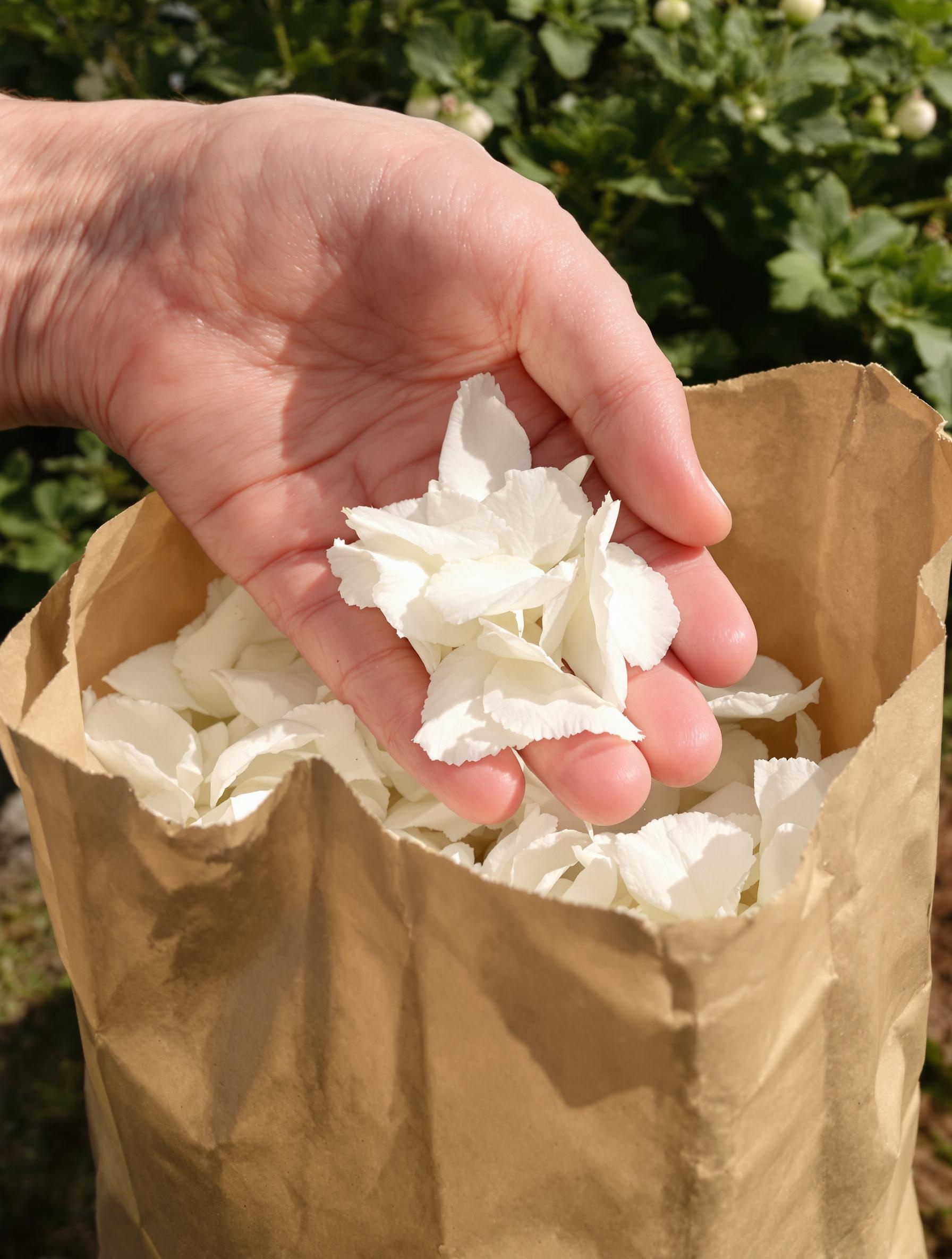 Main récoltant des pétales de coquelicot blanc (Papaver rhoeas var. alba) dans un sachet en papier