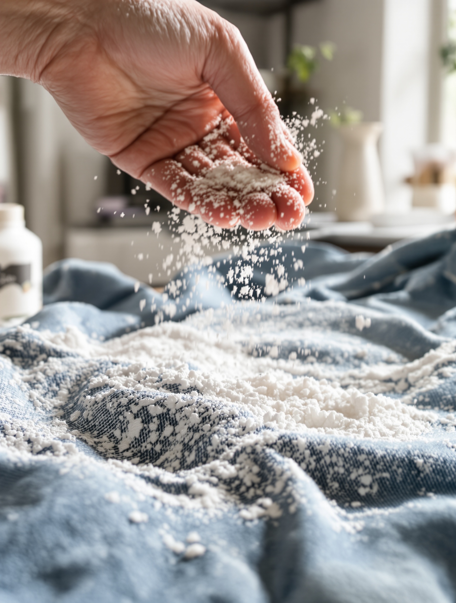 Saupoudrer talc, farine et bicarbonate sur tache d'huile sur jean