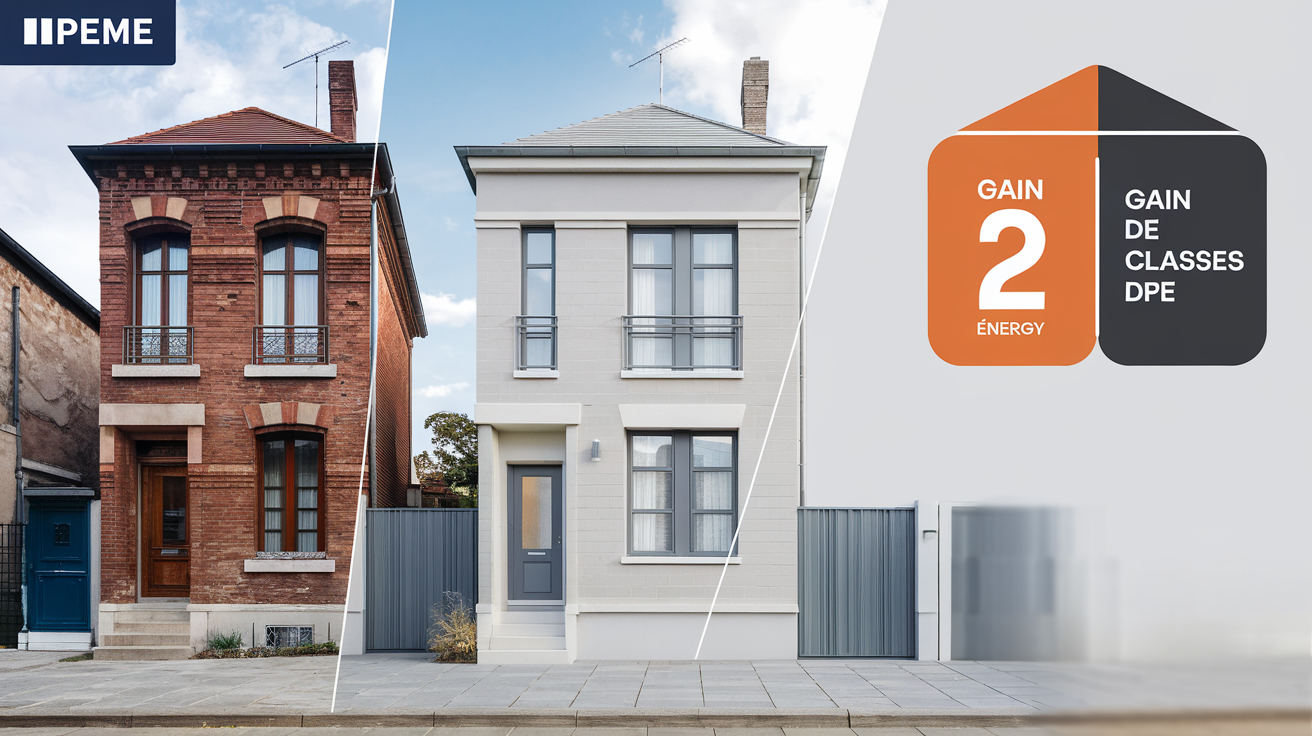 Avant/après ITE sur une maison en brique des années 30 avec saut de classe DPE