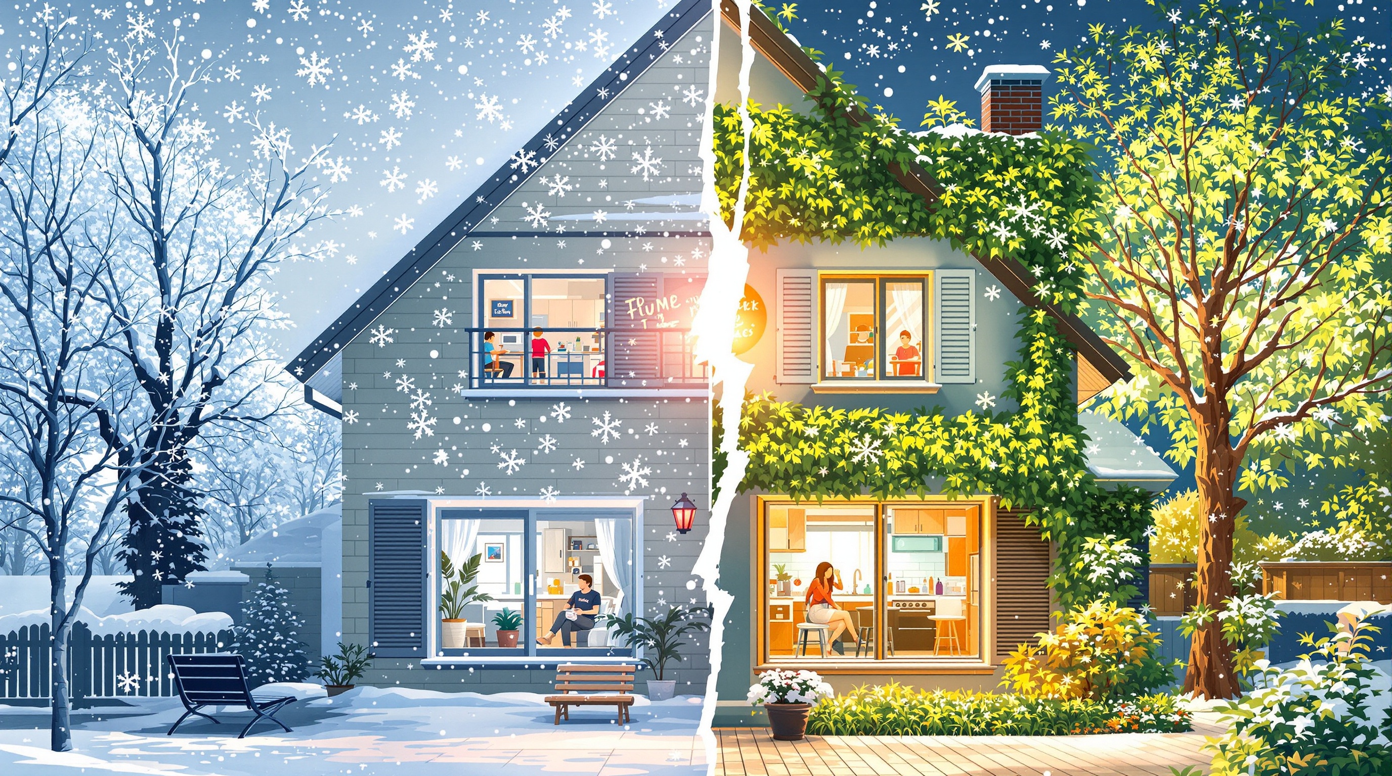 Maison moitié protégée par film isolant thermique hiver été