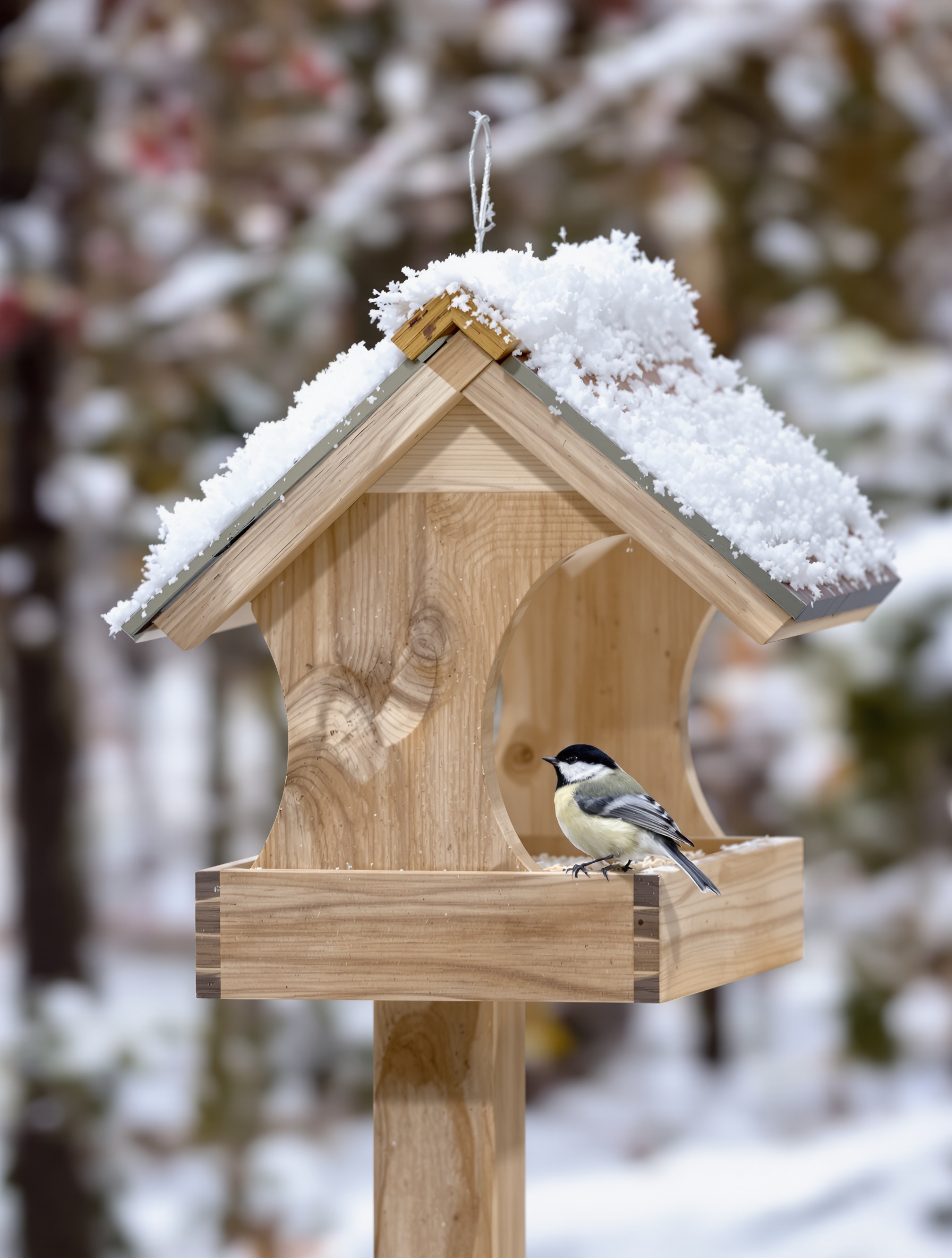Mangeoire à oiseaux en bois trémie dans un jardin enneigé