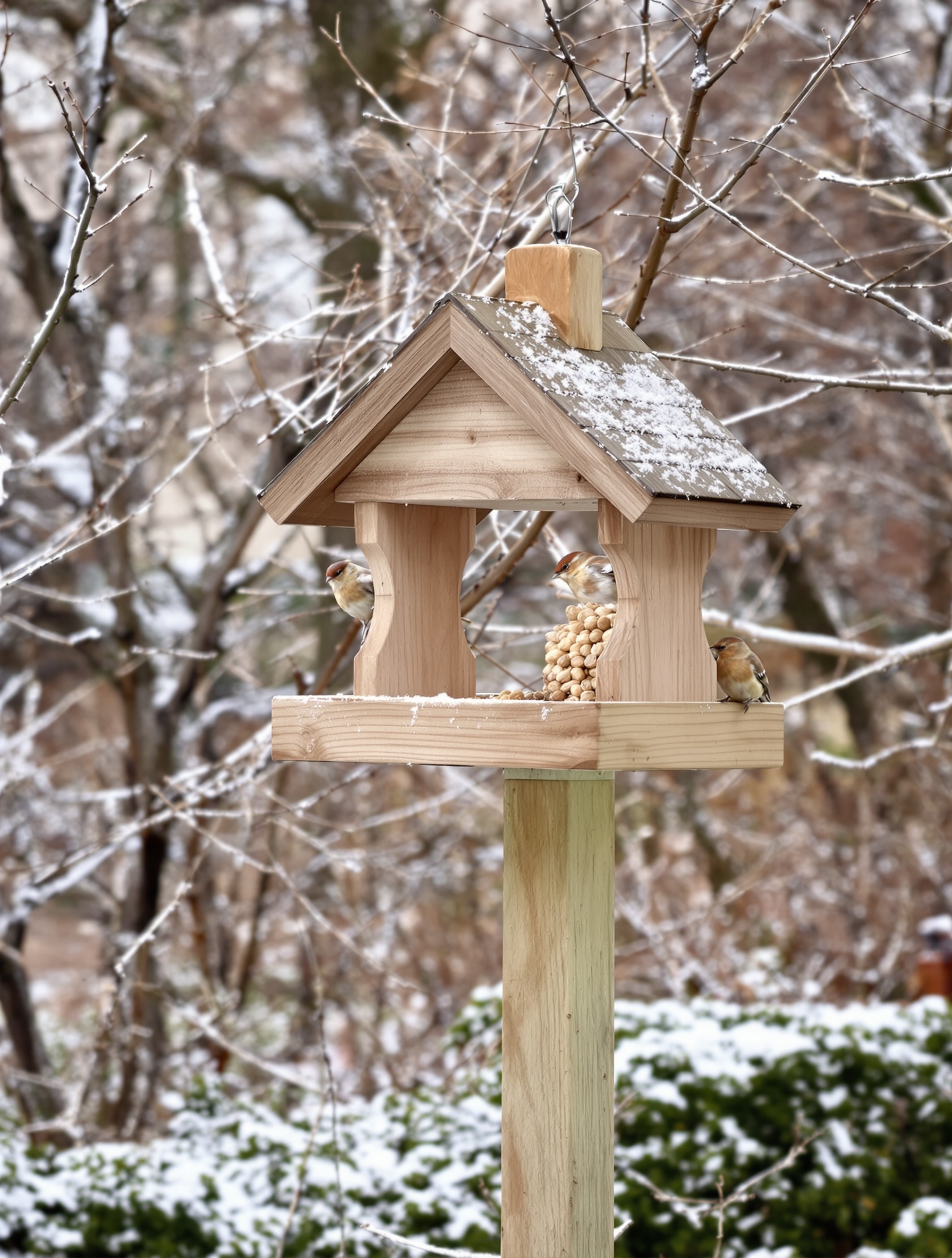 Mangeoire à oiseaux sur piquet, éloignée des buissons et protégée des prédateurs
