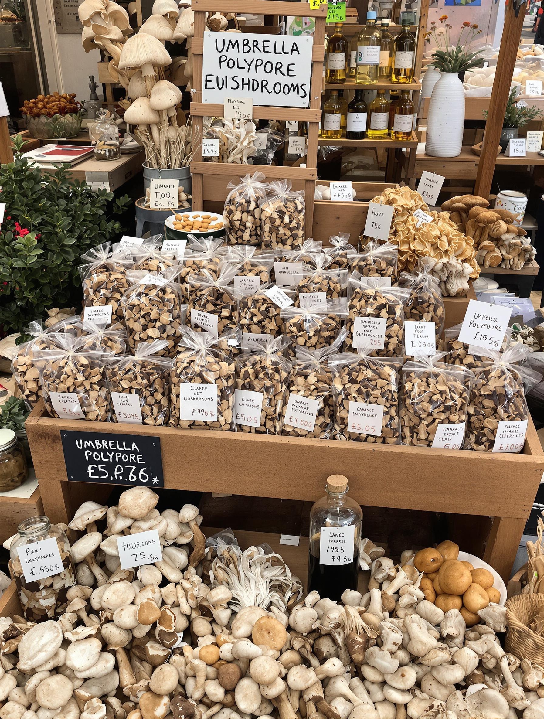 Marché bio proposant du Polypore en ombelle sous différentes formes