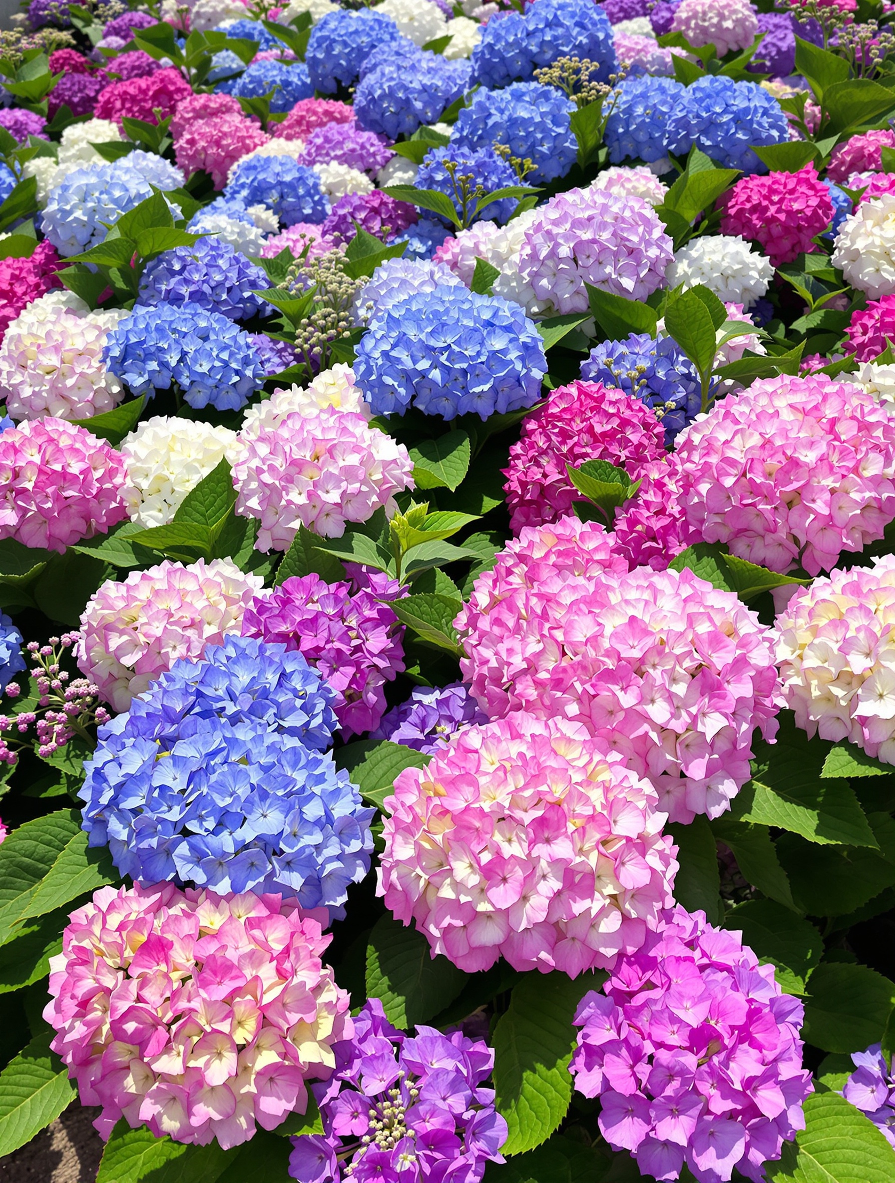 Explosion estivale d'un massif d'hortensias colorés en fleurs