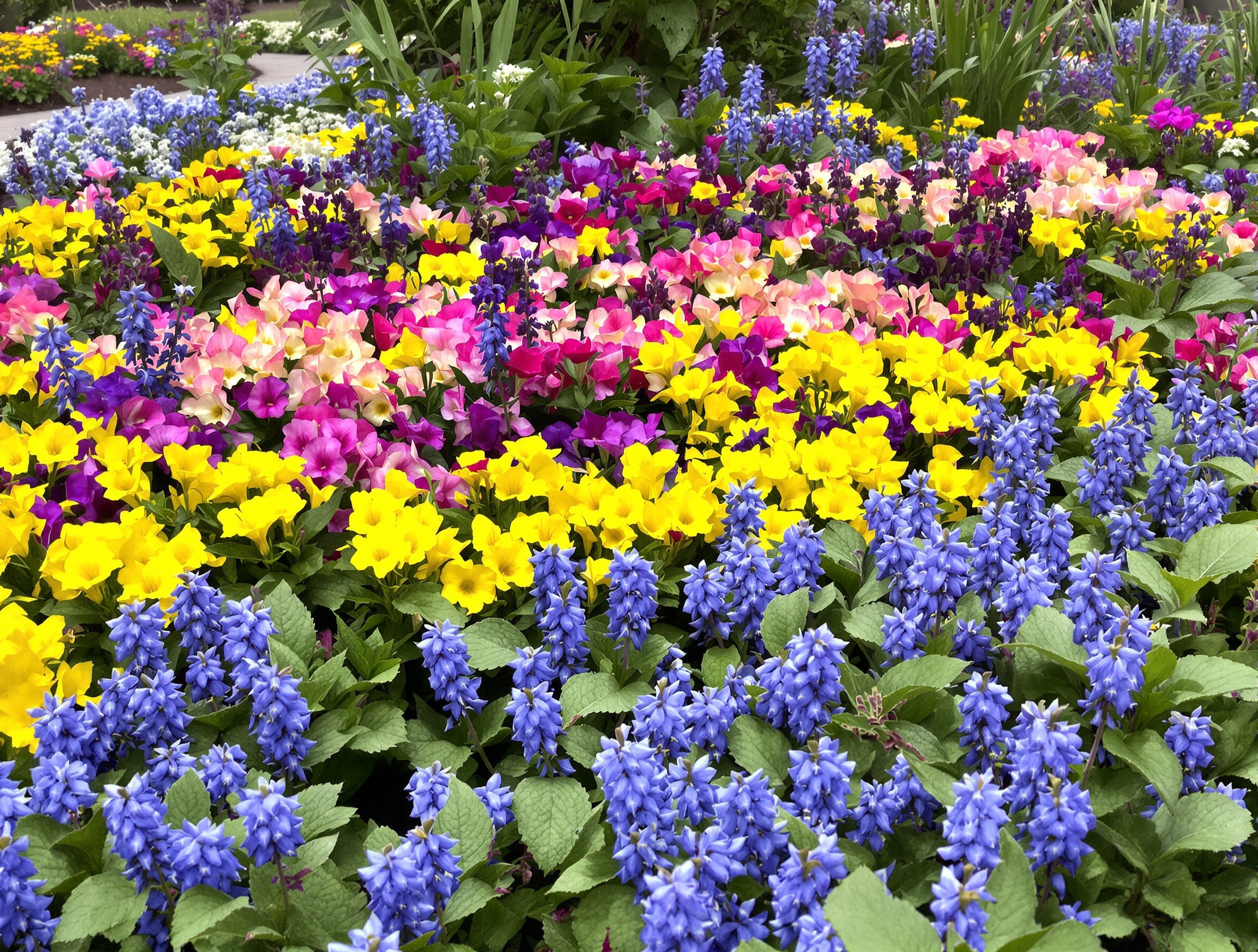 Parterre printanier de primevères colorées et de pulmonaires