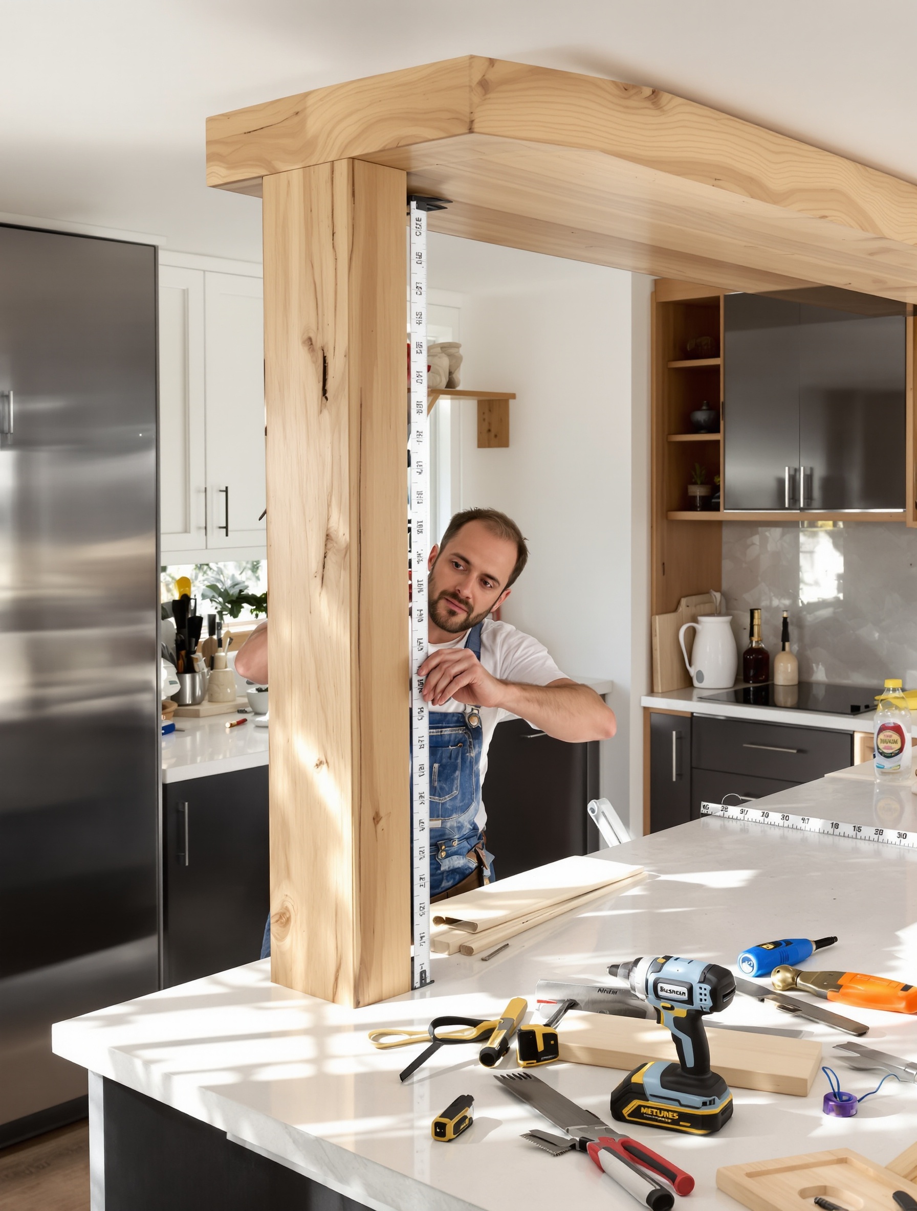 Menuisier mesurant la hauteur d’un bar sur-mesure dans une cuisine moderne, visseuse à côté.