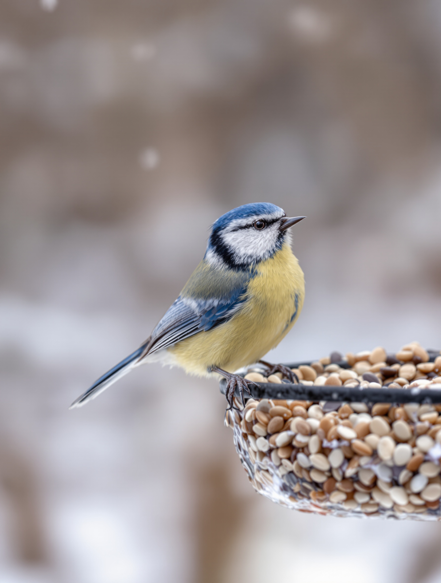 Mésange bleue mangeant sur une mangeoire remplie de graines de tournesol dans un jardin naturel
