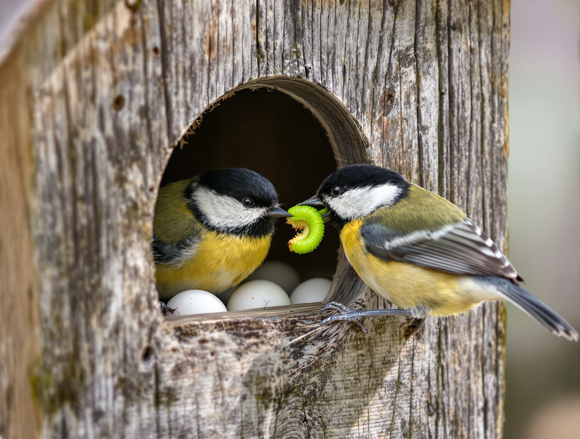 Mésange charbonnière couvant ses œufs ; mâle apportant une chenille