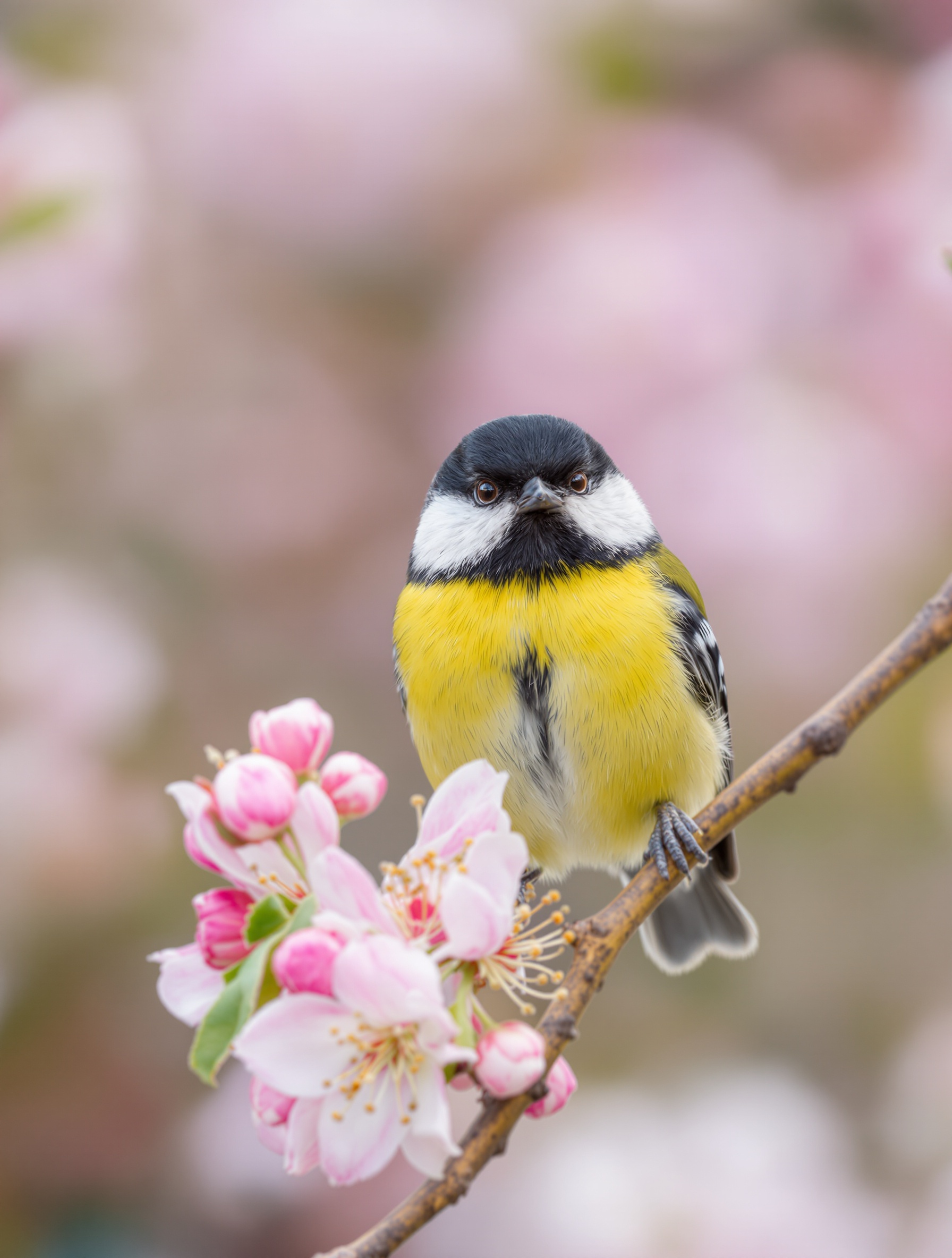 Mésange charbonnière adulte perchée sur une branche de pommier en fleurs.