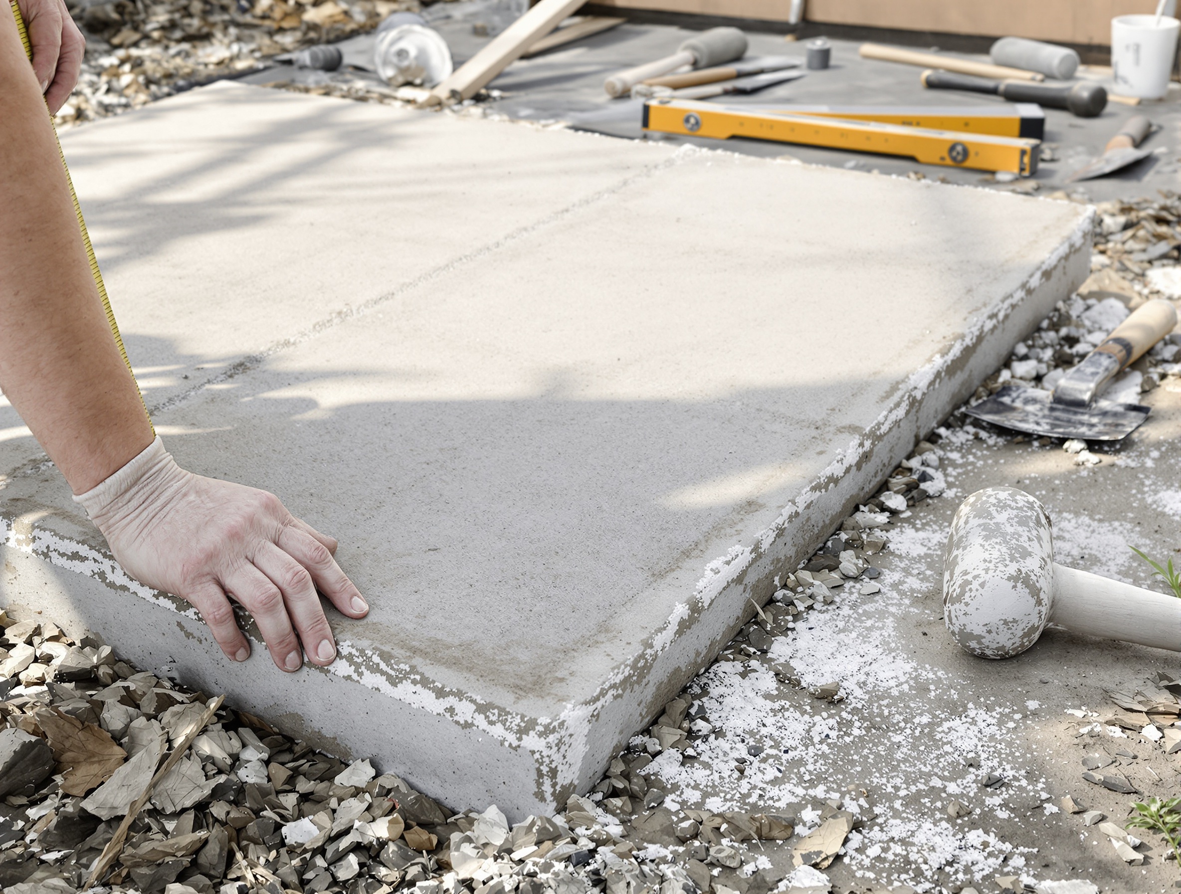 Mesure des diagonales sur une dalle béton, ambiance chantier artisanal