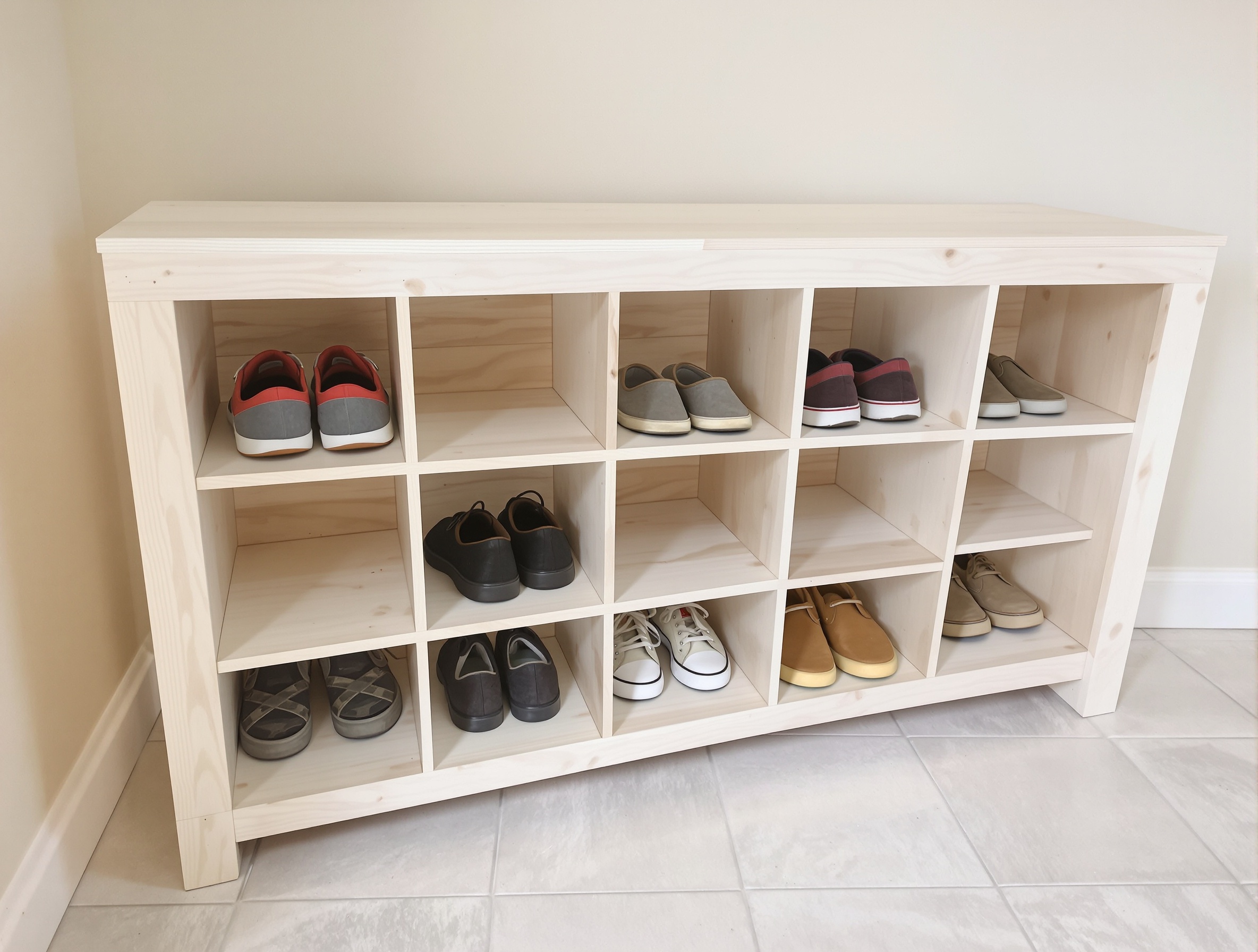 Meuble à chaussures DIY en bois clair posé dans une entrée, style rustique bricolé