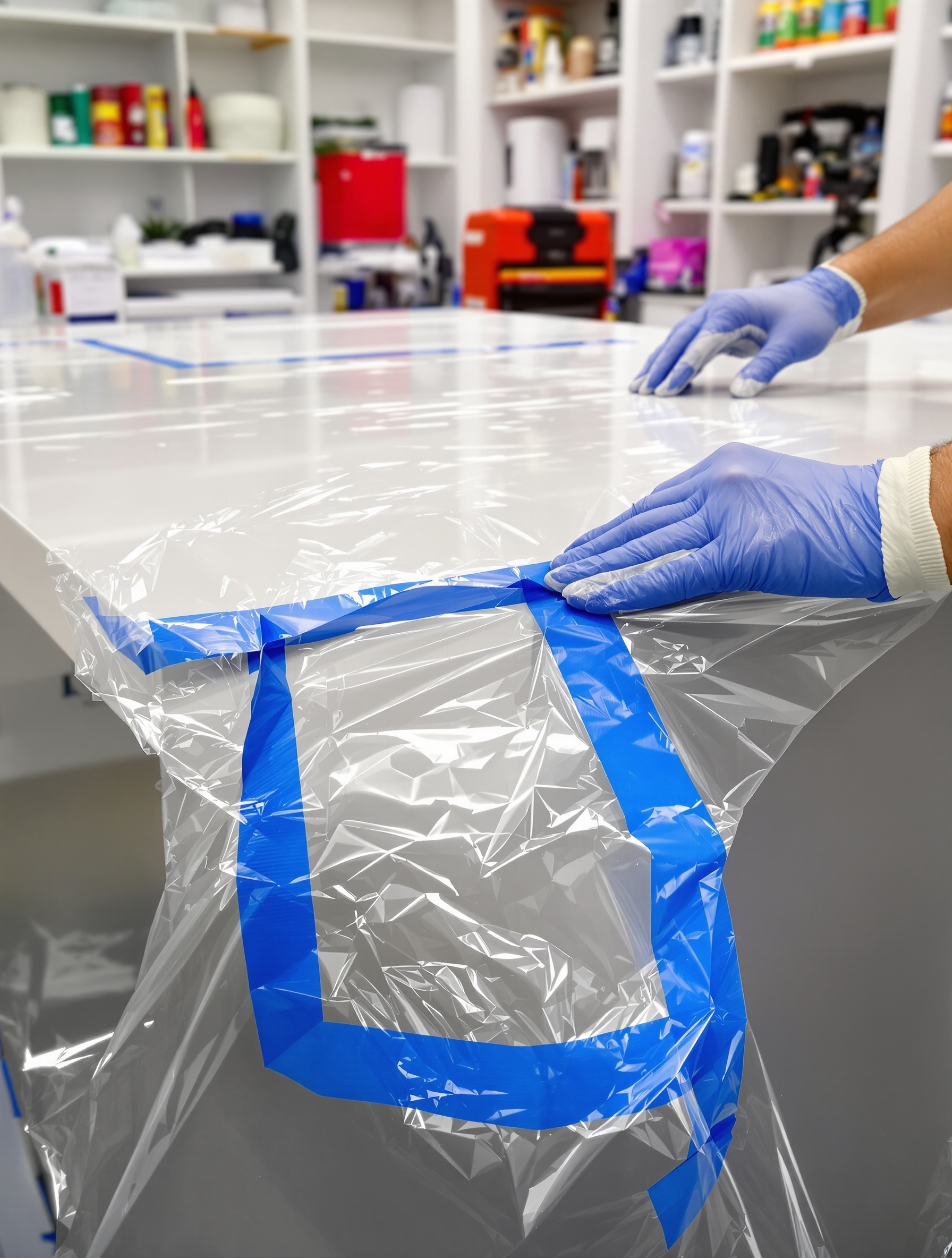 Meuble laqué protégé avant peinture par ruban et bâche