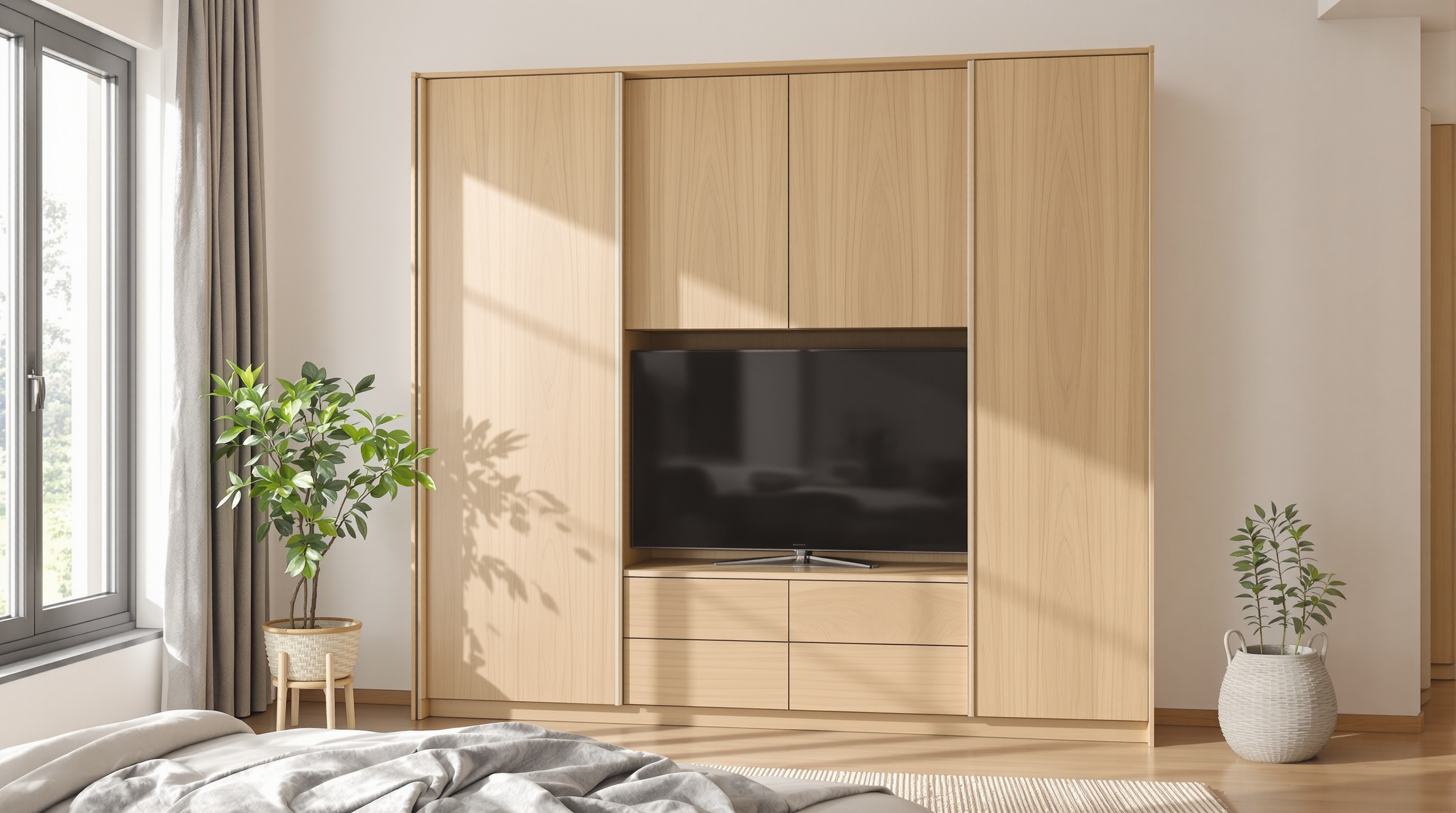 Meuble TV chambre style Japandi en bois clair avec portes fermées