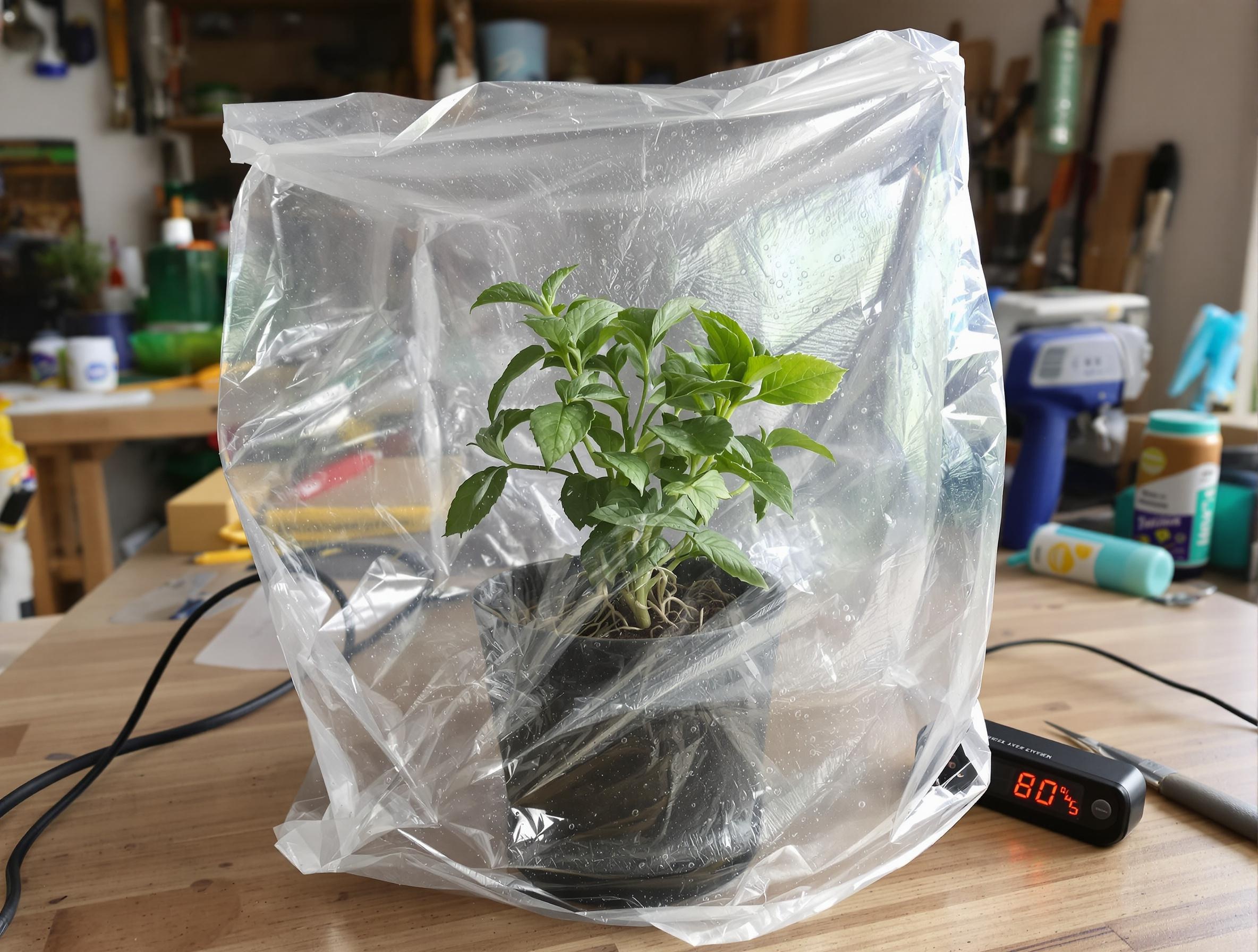 Mini-serre plastique pour bouture vanille, hygromètre à 80 %, racines naissantes.
