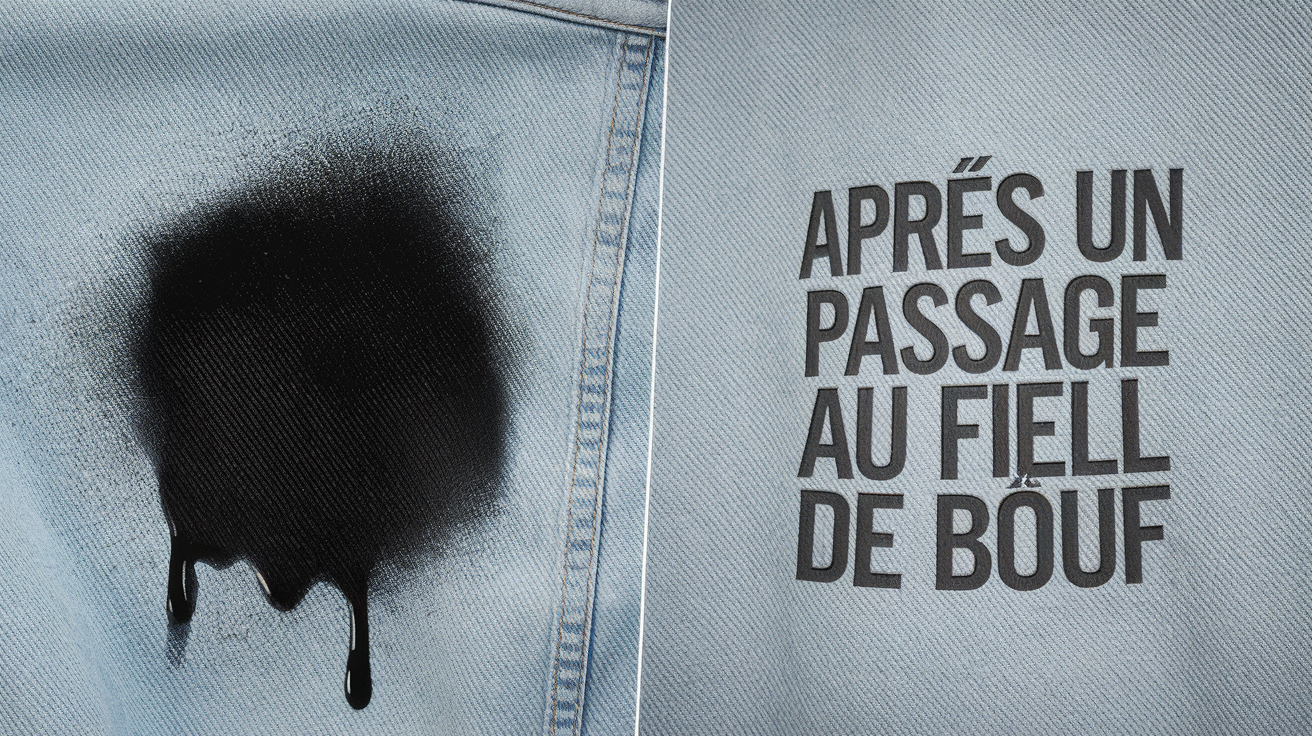Montage avant/après tache de cambouis sur jean avec inscription 'Après un passage au fiel de bœuf'