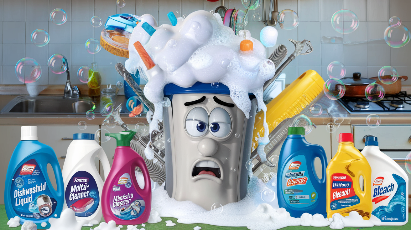 Shampouineuse débordant de mousse entourée de produits ménagers interdits