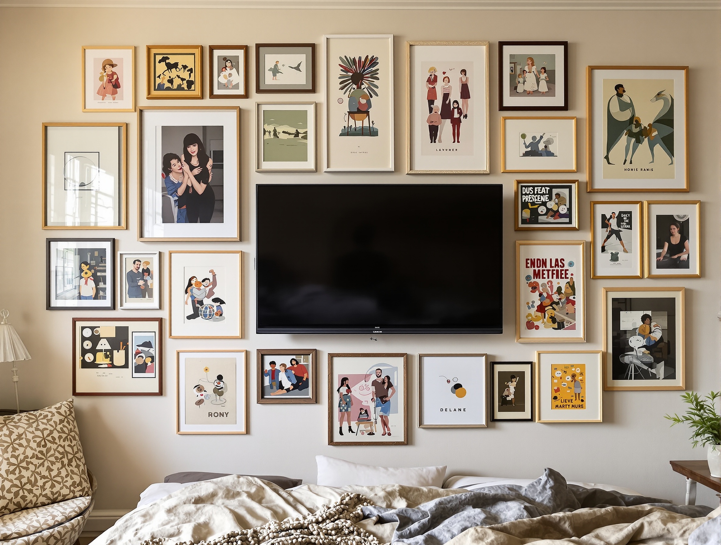 Mur de cadres pour décoration autour de la TV dans la chambre