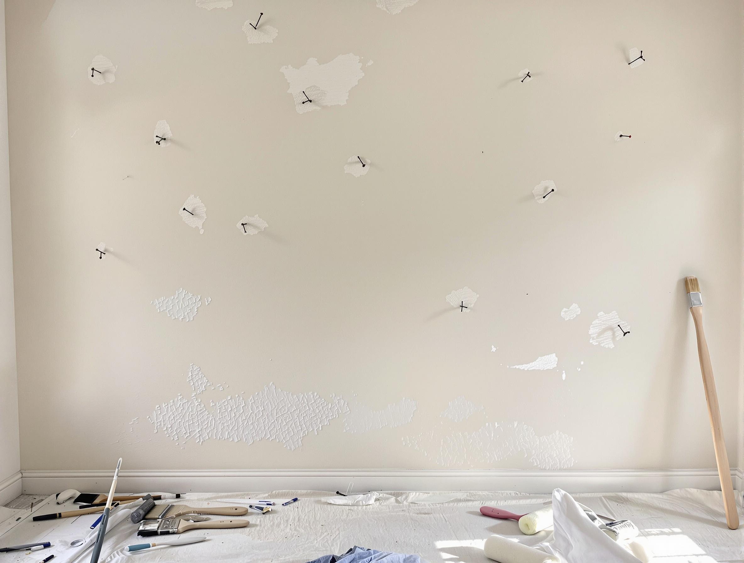Mur fraîchement repeint avec traces et outils de peinture