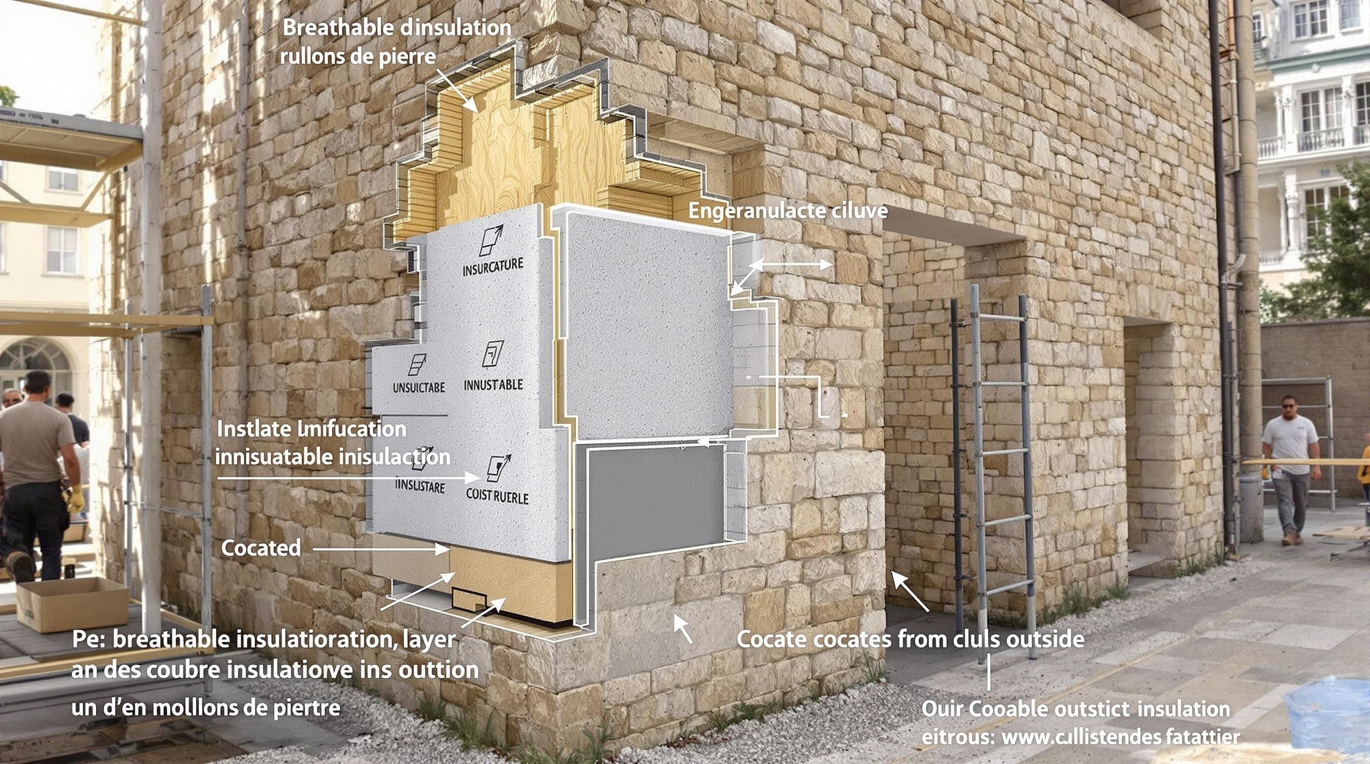 Coupe d'un mur ancien isolé par l'extérieur avec un système perspirant