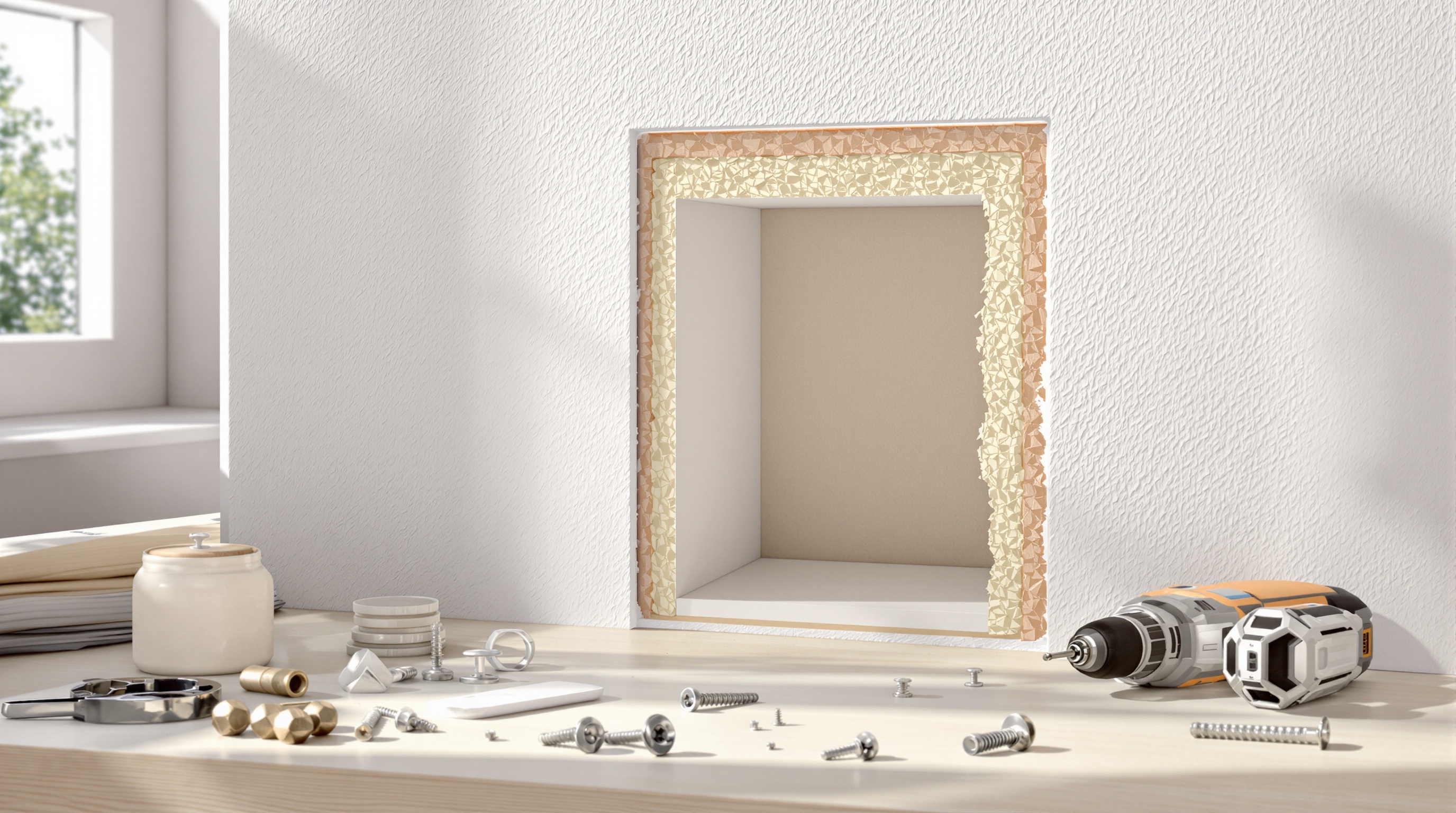Coupe de mur en placo montrant la structure fragile et creuse, outils de fixation à côté.