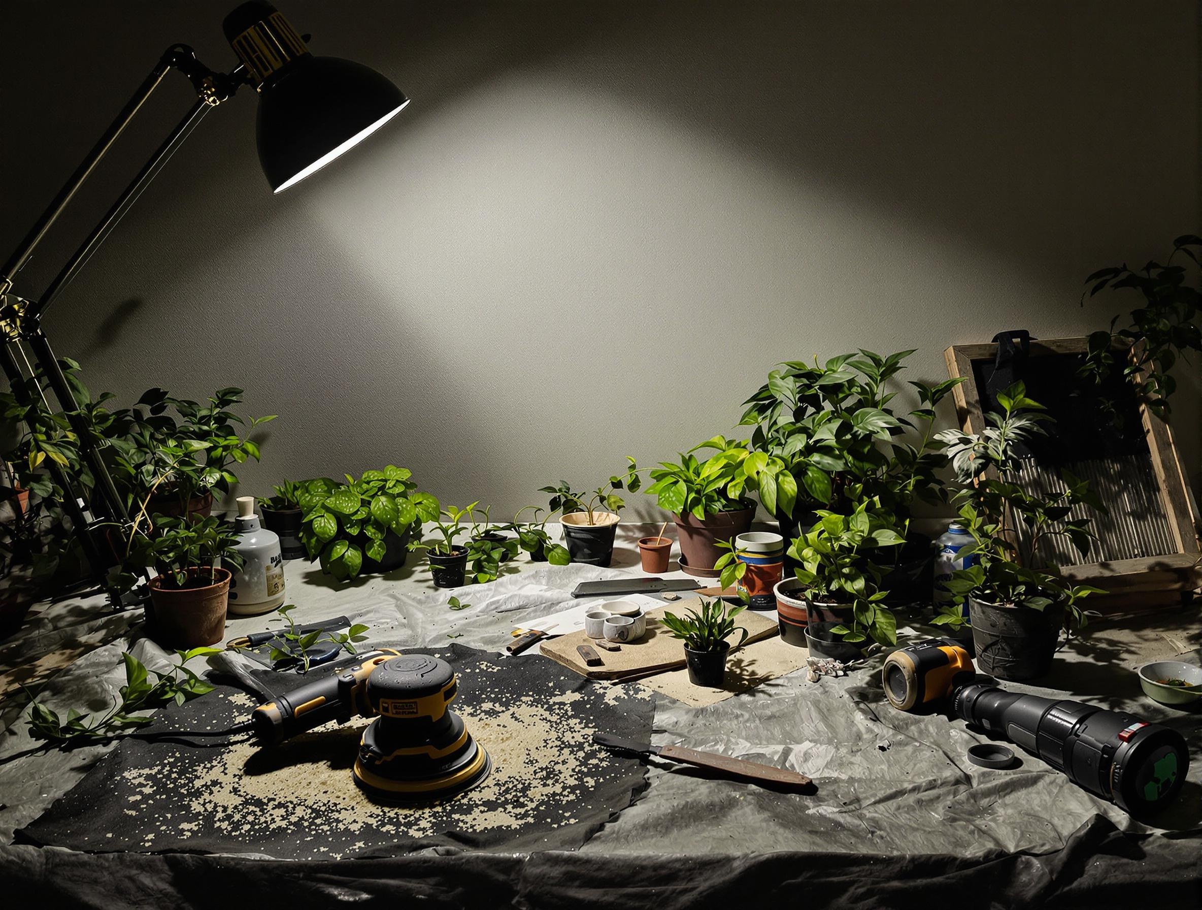 Préparation d'un mur pour peinture avec ponçage et outils de bricolage