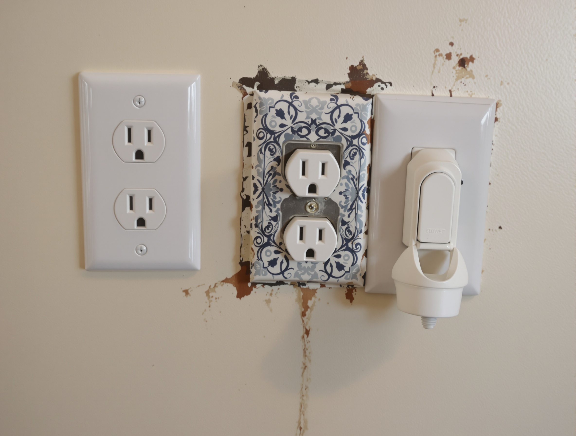 Plusieurs prises électriques sur un mur : cache-prise décoratif, cache-prise sécurité bébé et prise classique