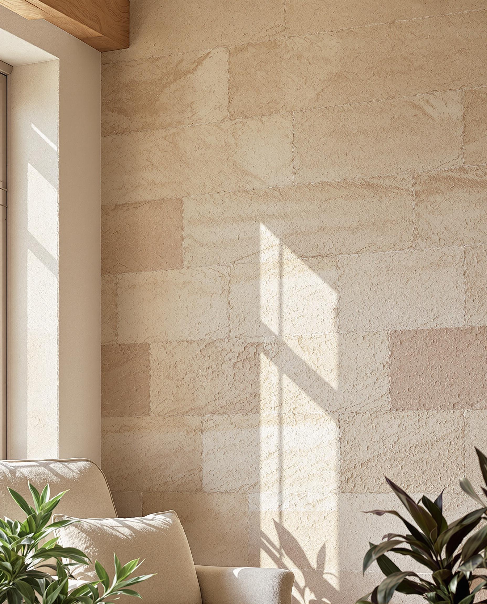 Mur en travertin texturé dans un salon rénové par Maison Langel.