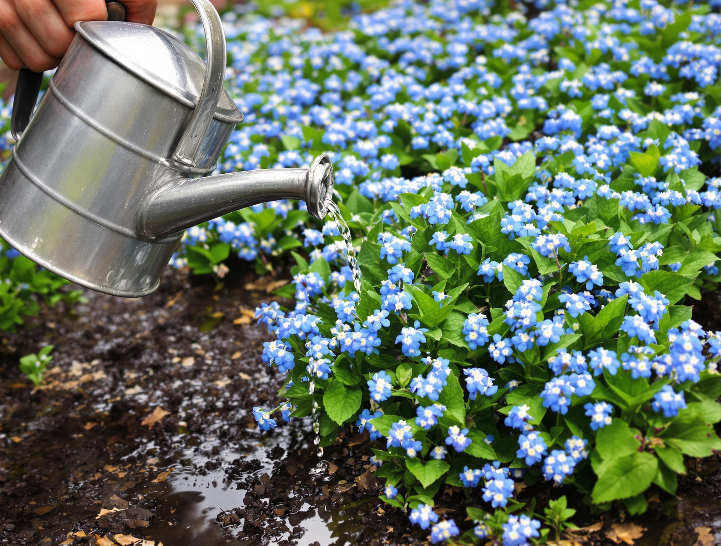 Arrosage manuel de myosotis pour maintenir un sol frais.