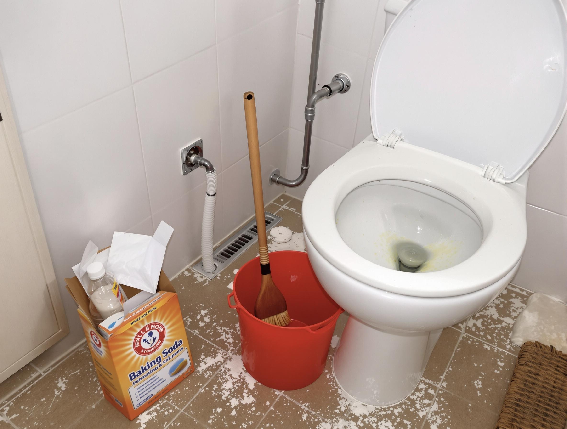 Nettoyage d’une canalisation WC avec un mélange de bicarbonate et de vinaigre.