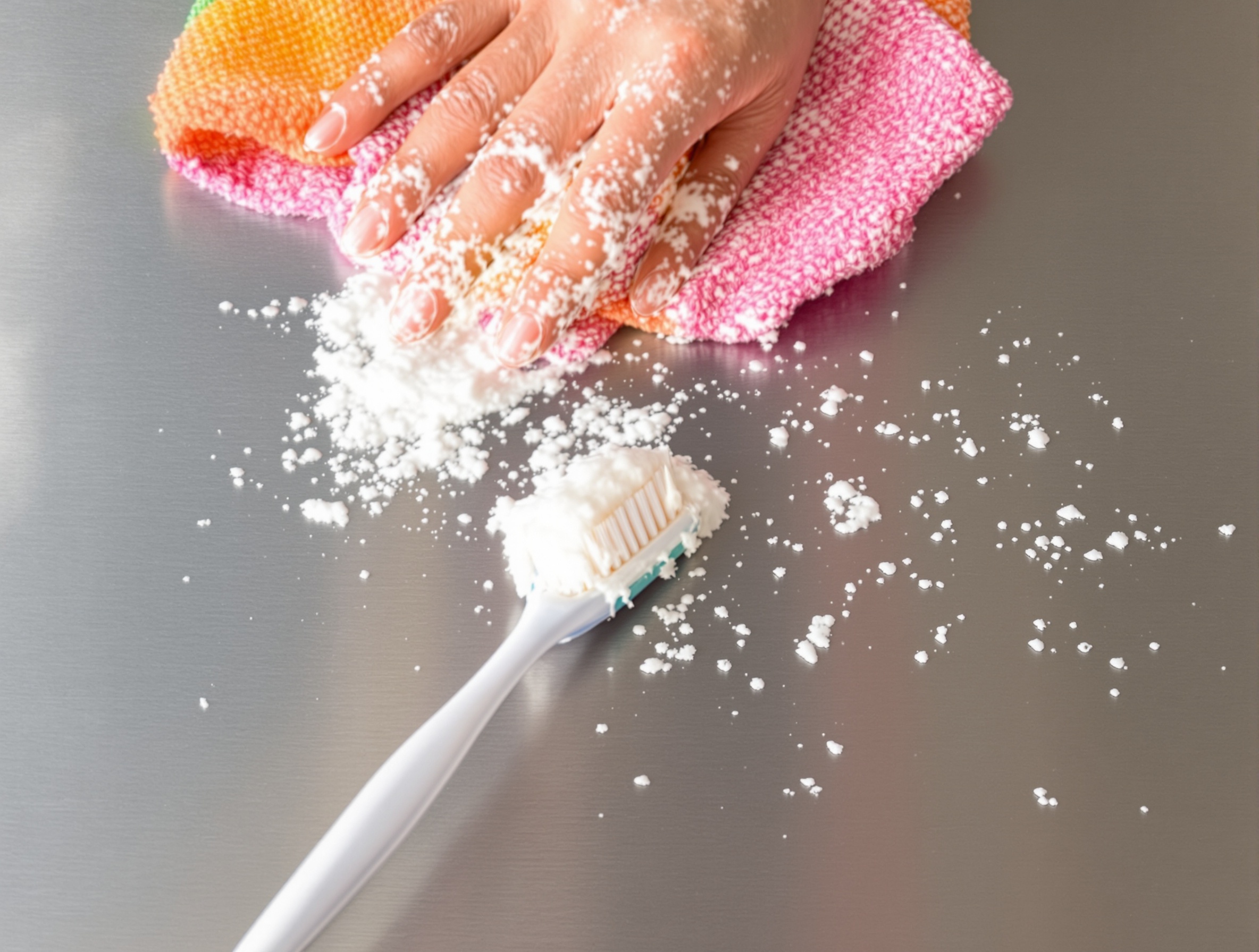 Application manuelle bicarbonate brosse dents sur inox piqué