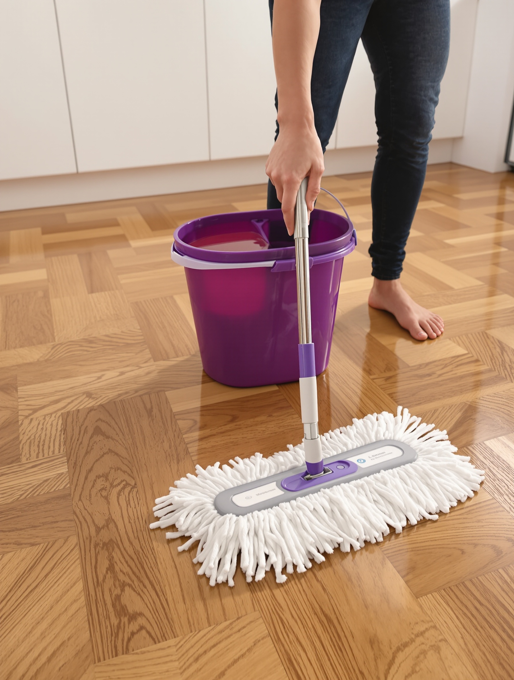 Entretien parfait : serpillière microfibre à peine humide et savon noir sur un parquet de cuisine