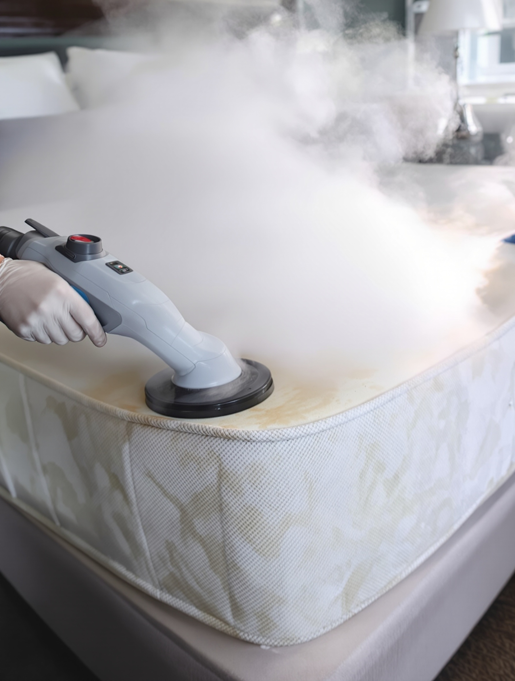 Nettoyeur vapeur professionnel utilisé sur un matelas pour éliminer les punaises de lit