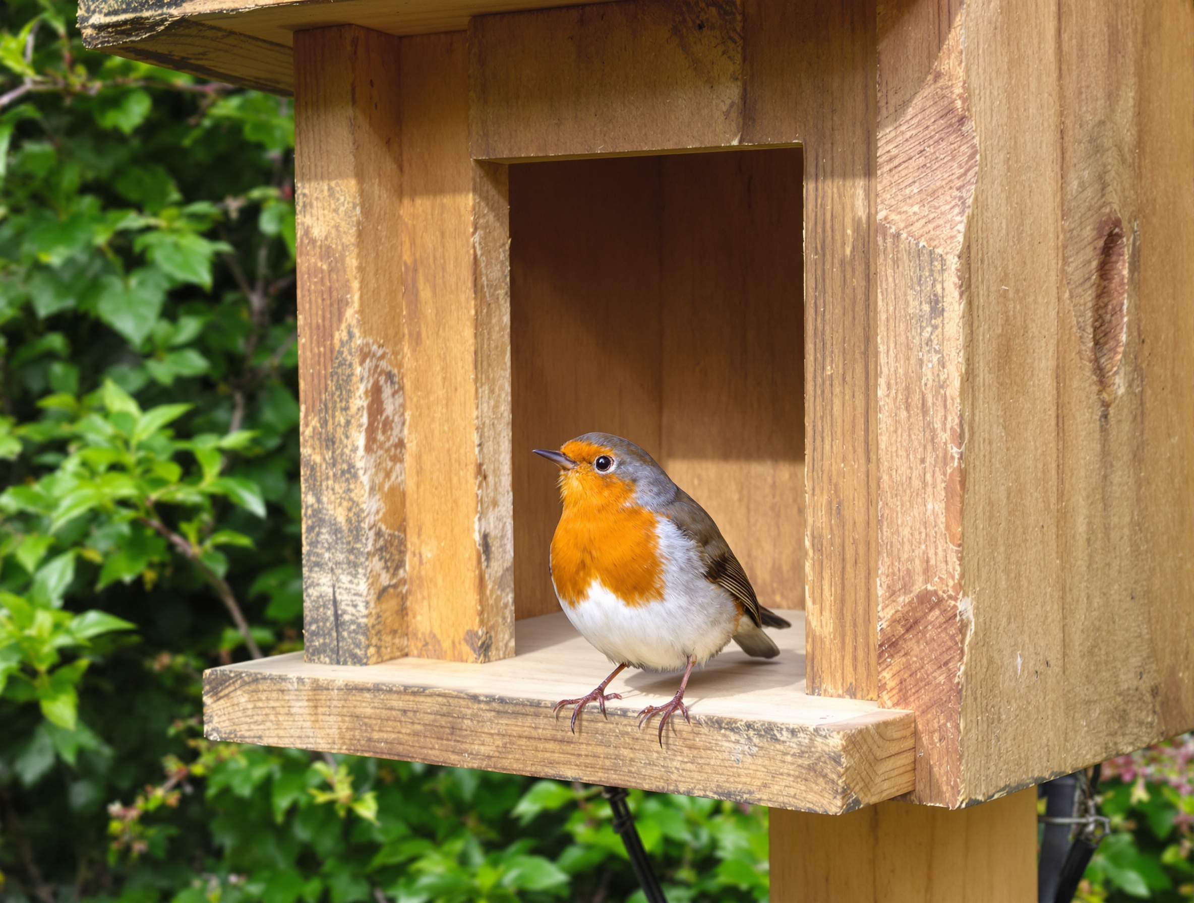 nichoir semi-ouvert bois massif rouge-gorge avec grande ouverture et oiseau devant