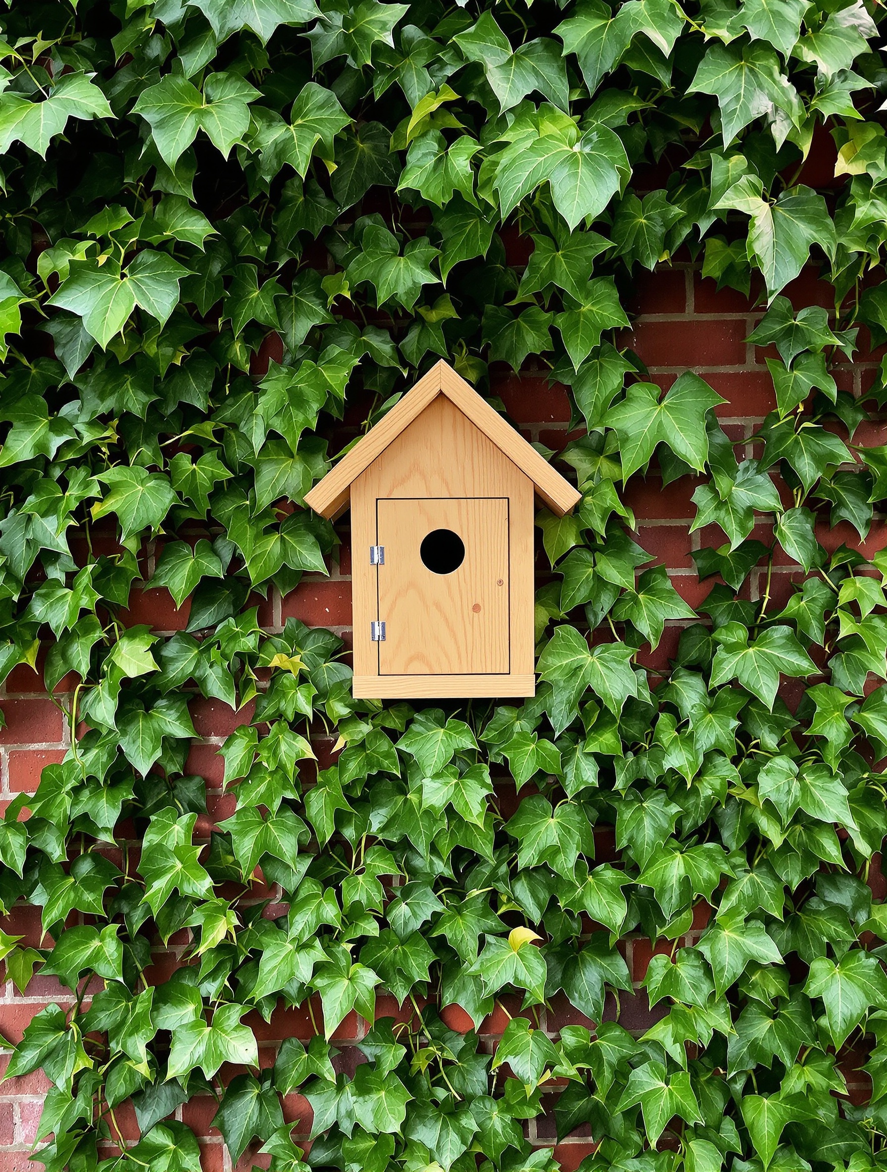 nichoir semi-ouvert rouge-gorge inséré discrètement dans une haie de lierre