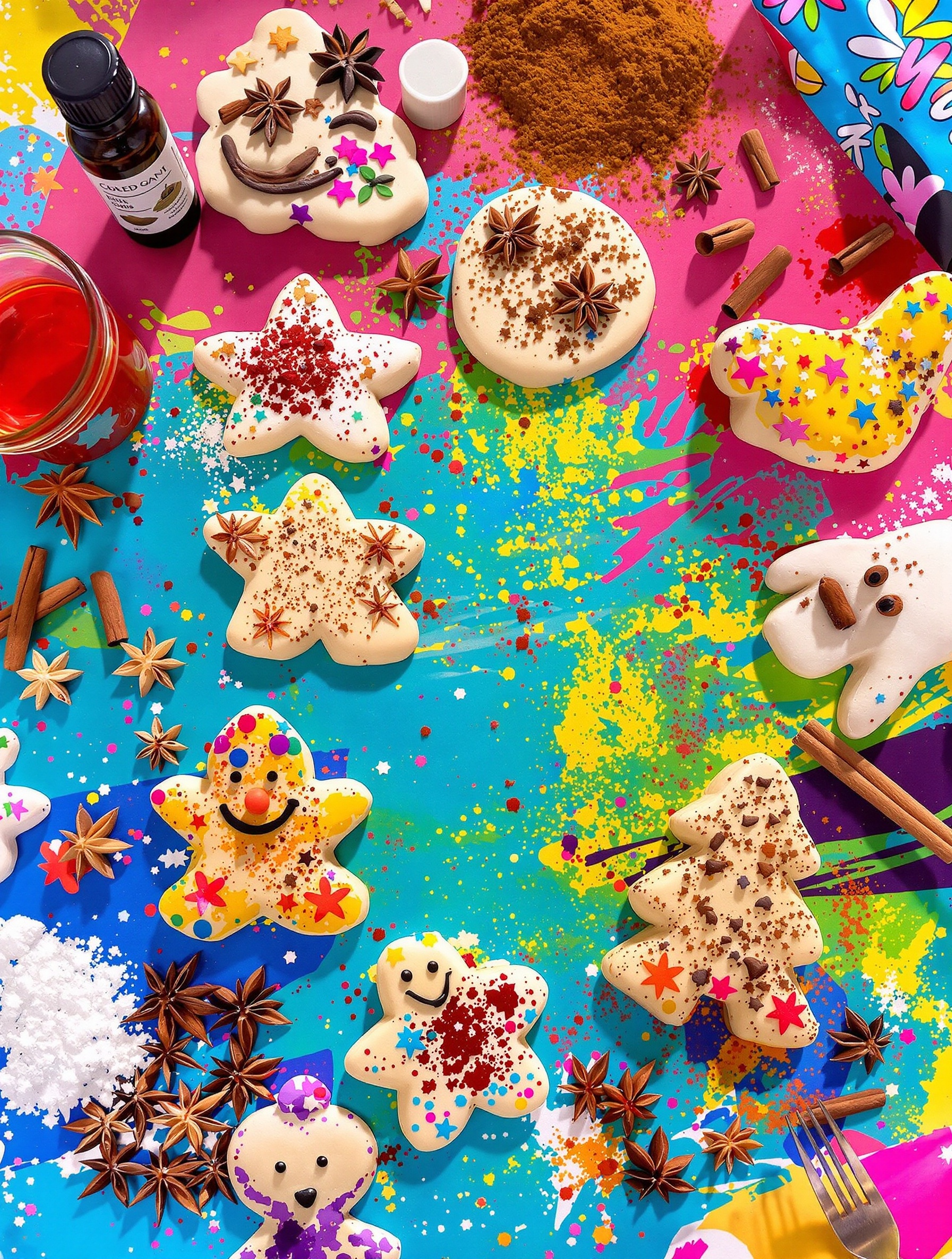 Objets en pâte à sel décorés : peinture vive, épices colorées, finitions variées.