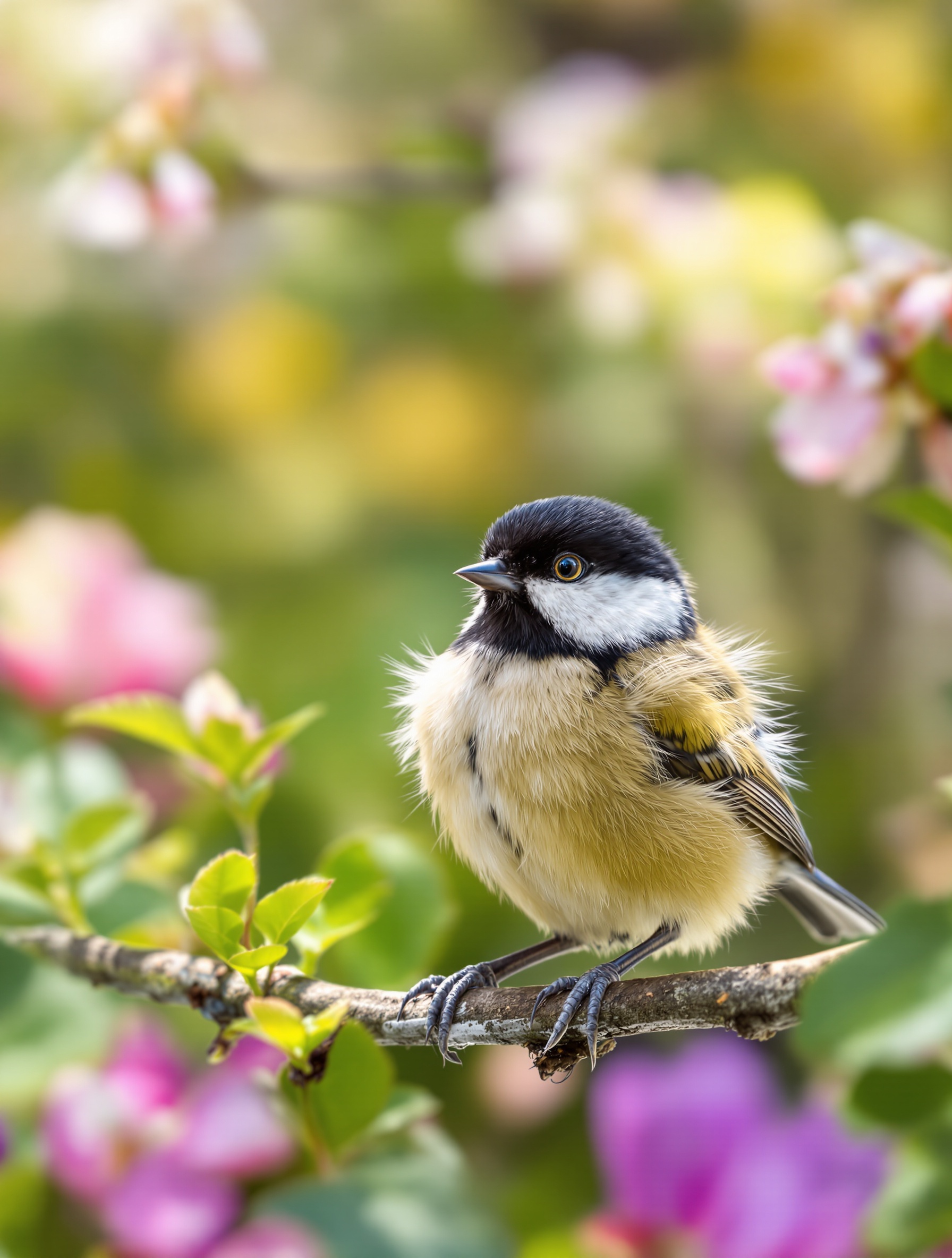 Envol de jeunes mésanges charbonnières sous l'œil attentif des parents.