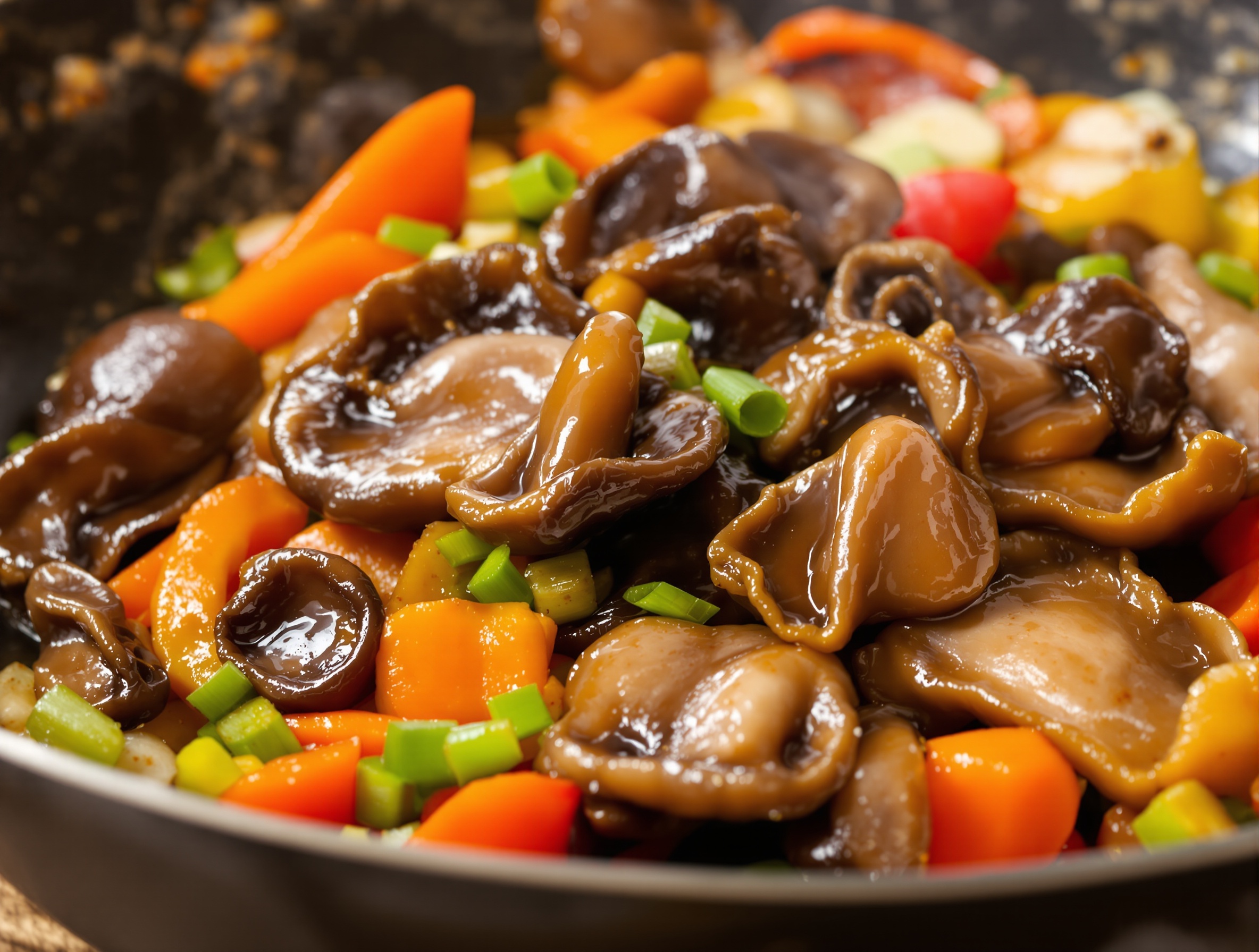 Oreilles-de-Judas sautées dans un wok avec légumes – texture gélatineuse mise en valeur